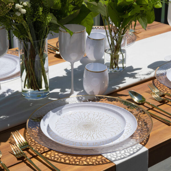 20-Piece White and Gold Round Plastic Dinnerware Set - Elegant Disposable Plates, Bowls & Cutlery for 10 Guests - Perfect for Weddings, Parties, and Outdoor Events