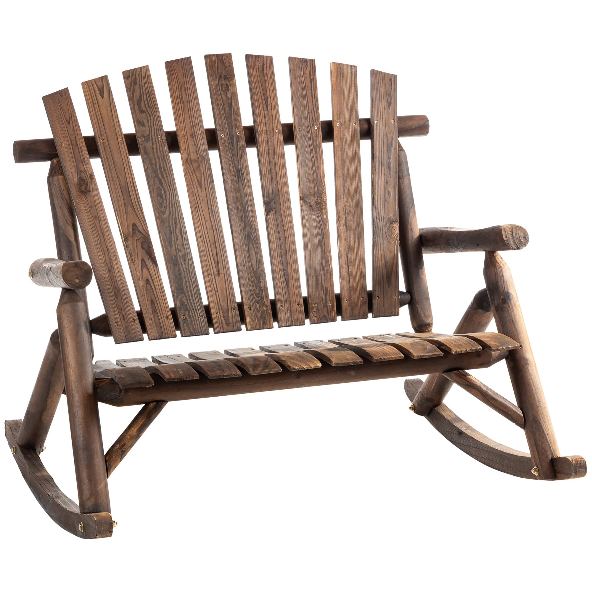 Outsunny Double-Person Outdoor Wooden Rocking Chair - Rustic High Back Adirondack Patio Chair with Slatted Seat & Backrest - Perfect for Backyard, Garden, Porch & Indoor Relaxation - Carbonized Finish for Durability