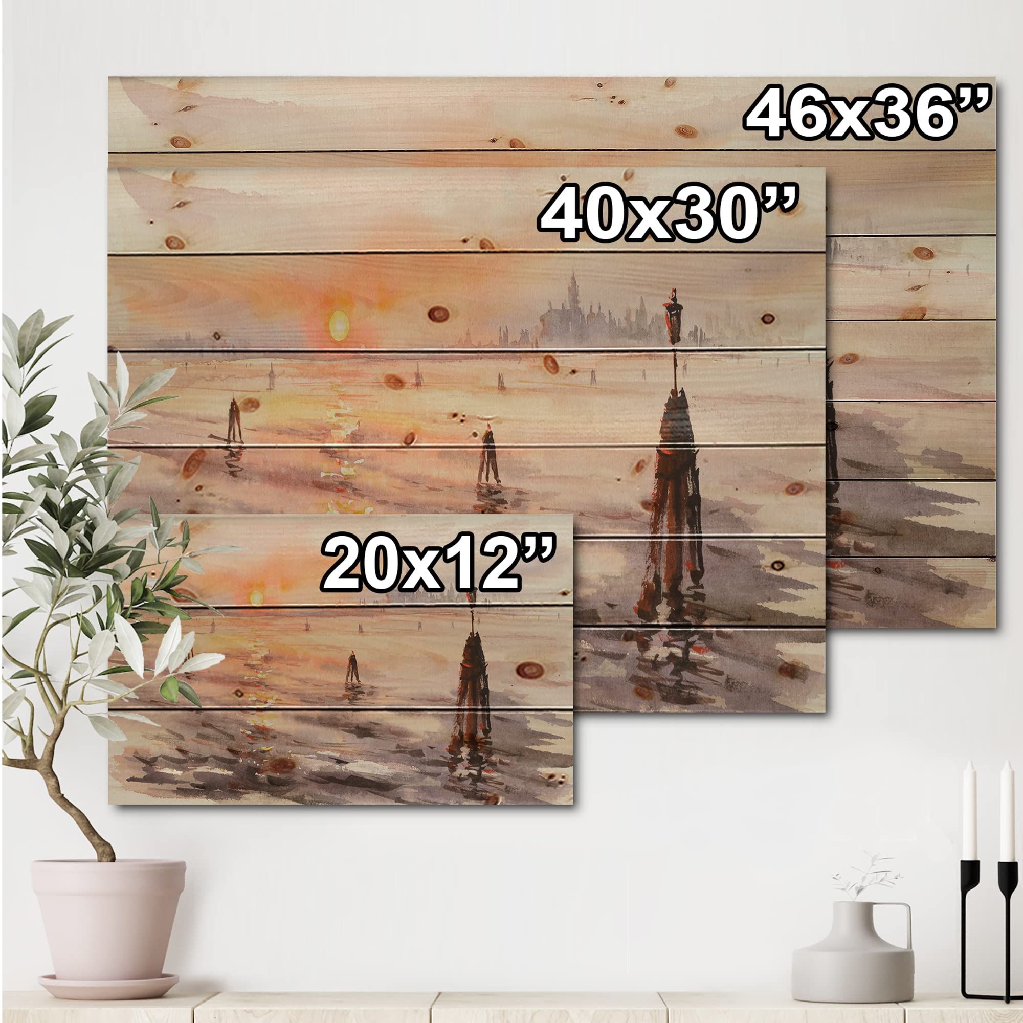 Venice Sunset Panorama Wood Wall Art - Coastal & Nautical Decor, Large Orange Landscape Print on Natural Pine Wood Panel | Perfect for Beach House, Living Room & Office Wall Decor