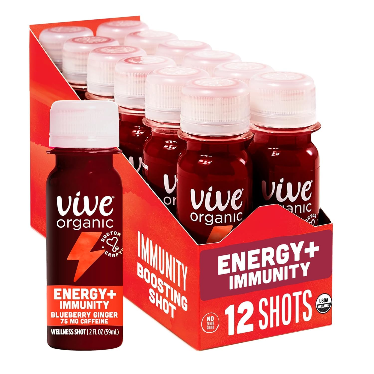 Vive Organic Energy Shot with Immune Support - Ashwagandha, Green Tea & Caffeine Boost - Gluten Free, Vegan, Non-GMO - 2 Fl Oz (Pack of 12) - Perfect for Workouts, Travel & Daily Energy