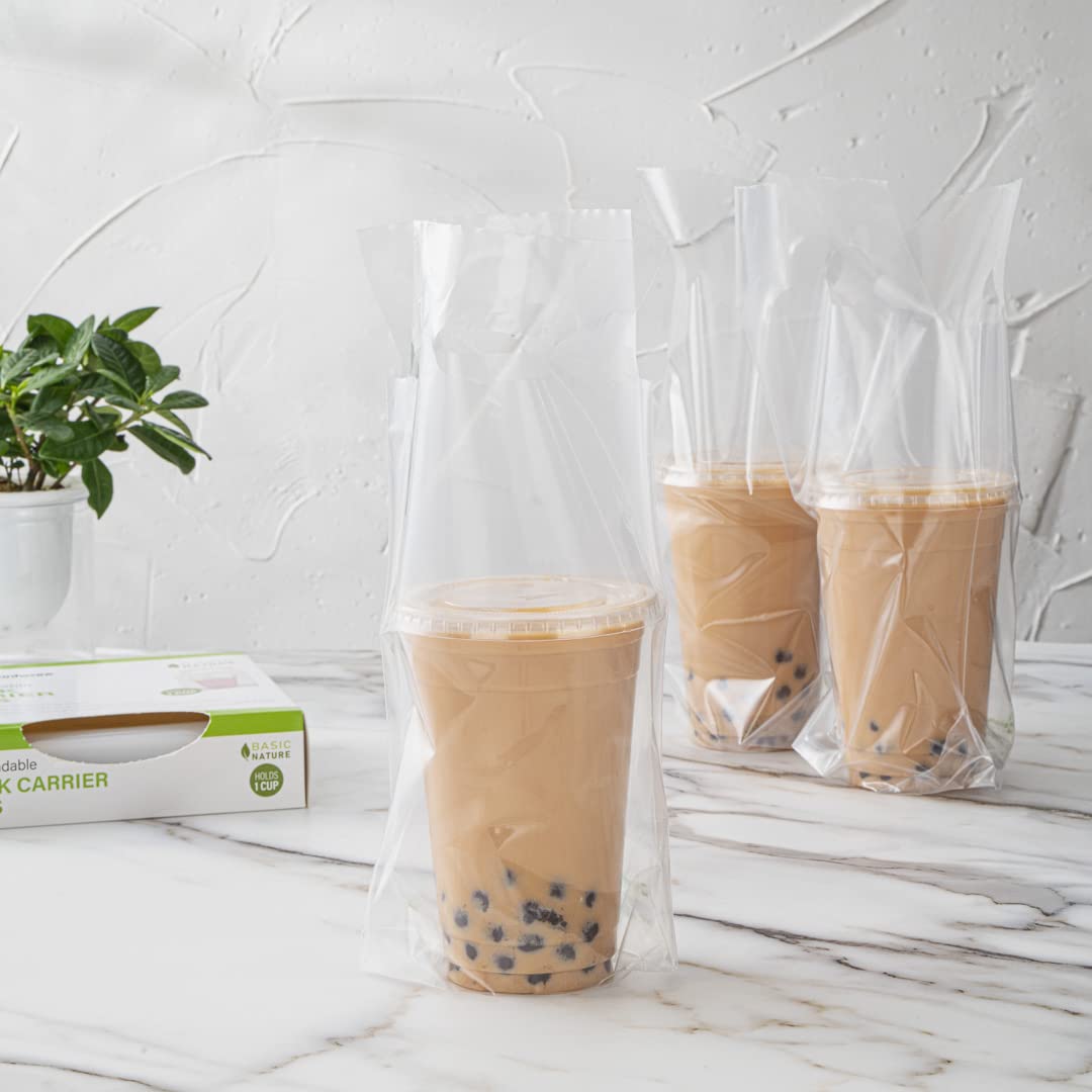 Restaurantware 100-Pack Clear Plastic Drink Carriers with Handles - Disposable Single Cup Delivery Bags for Coffee, Tea, Juice - Perfect for Takeout, Catering & Food Service Businesses