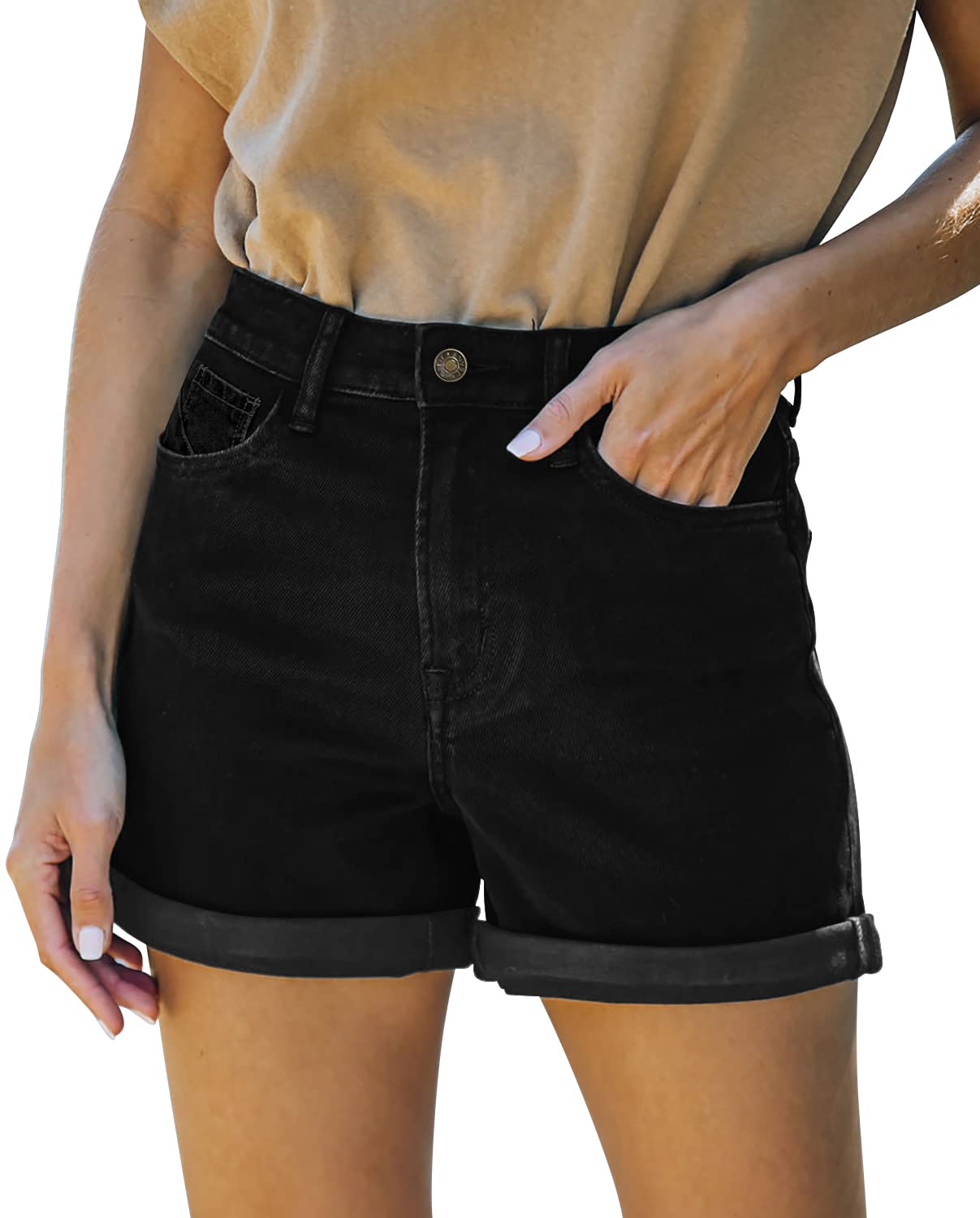 OnlyPuff Women's Casual Ripped Mid Waist Denim Shorts with Pockets - Perfect for Summer Outfits, Beach Vacations & Street Style Fashion