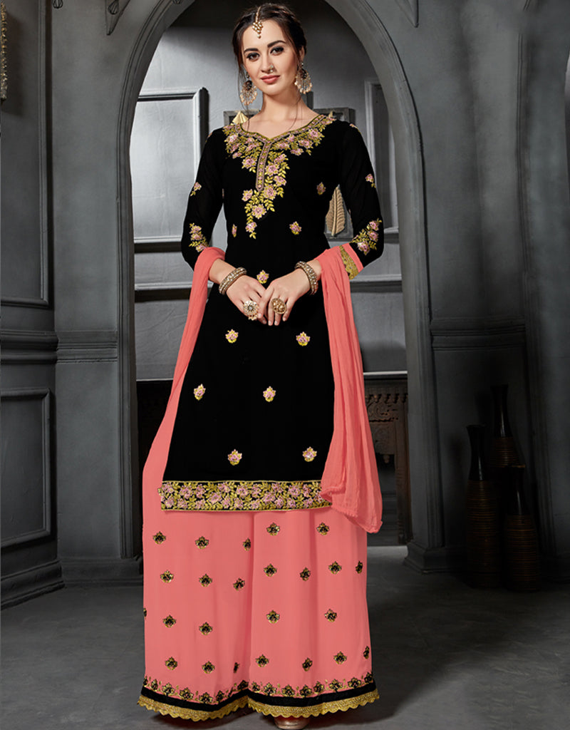 Elegant Black Faux Georgette Palazzo Salwar Suit for Women - Comfortable Indian Ethnic Wear for Weddings, Parties & Festivals