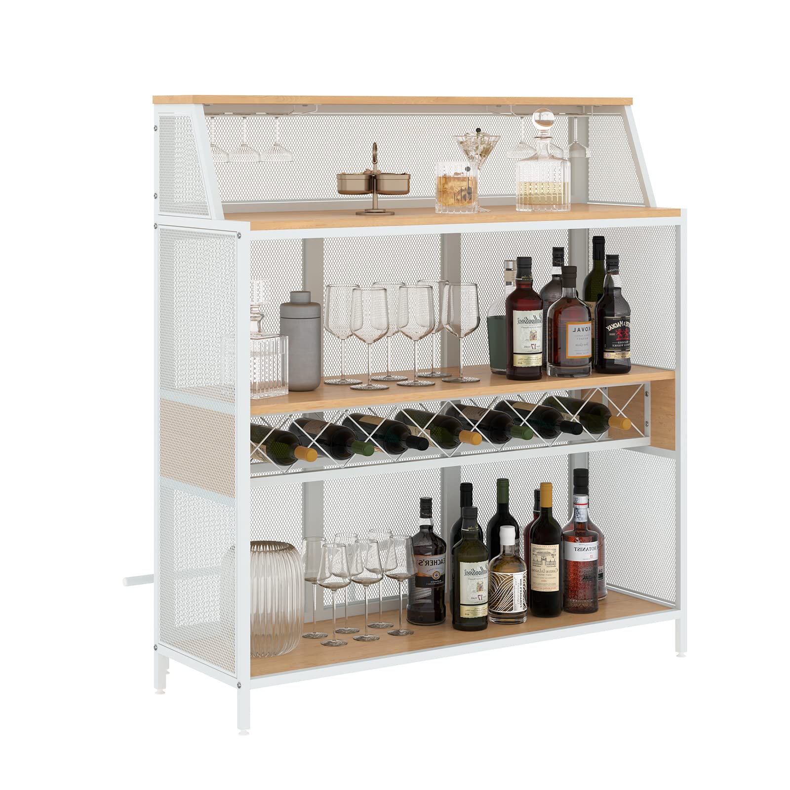 Industrial 4-Tier Home Bar Cabinet with Footrest & Wine Rack - Metal Liquor Storage Shelf for Kitchen, Pub or Living Room - White KFO Buffet Cabinet for Entertaining Guests