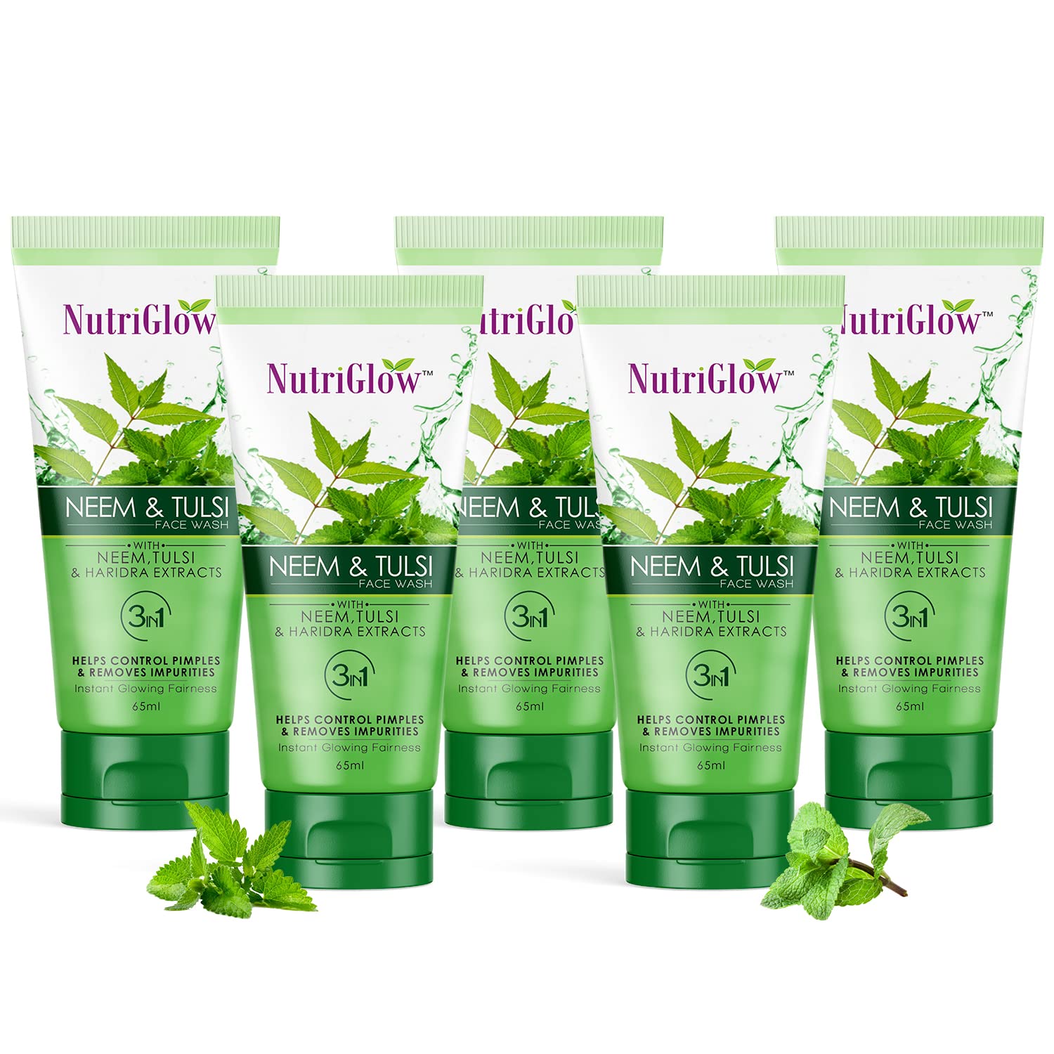 NutriGlow Neem & Tulsi Face Wash for Oily & Acne-Prone Skin - Gentle Moisturizing, Non-Foaming Cleanser - Paraben & Sulfate Free - 65ml (Pack of 5) - Perfect for Daily Skincare Routine & Travel