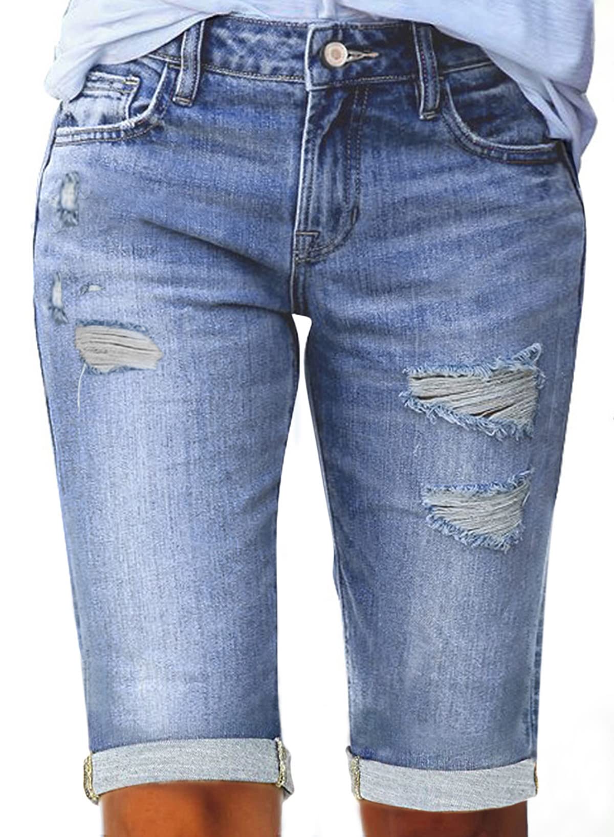 Sidefeel Women's Ripped Denim Bermuda Shorts - Distressed High Waist Jean Shorts for Summer | Casual Streetwear, Beach Outfits & Weekend Looks