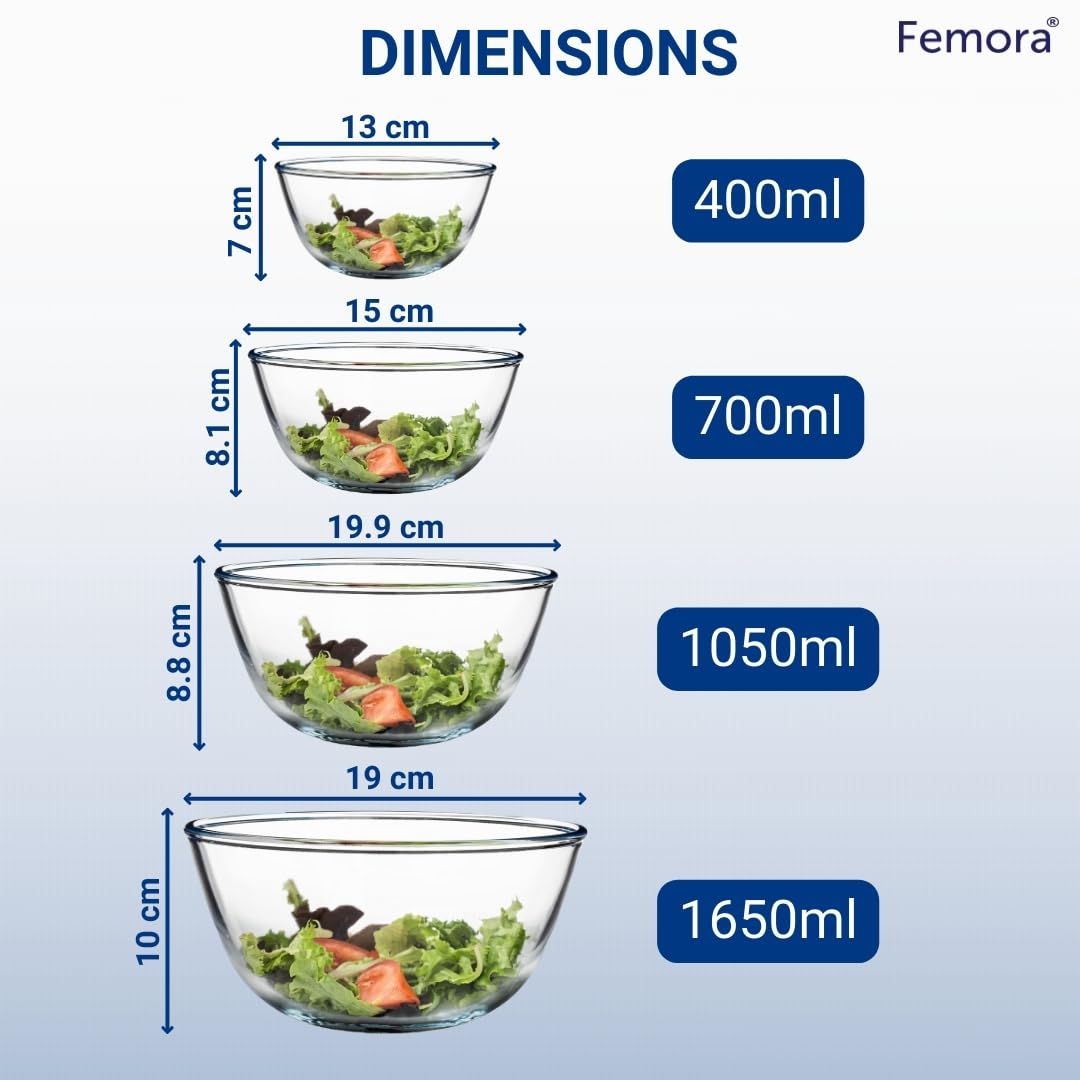 Premium Borosilicate Glass Mixing Bowls Set of 4 (400ml, 700ml, 1050ml, 1650ml) - Microwave & Oven Safe, Shatter-Resistant with 1-Year Warranty - Ideal for Baking, Cooking, Meal Prep & Kitchen Storage