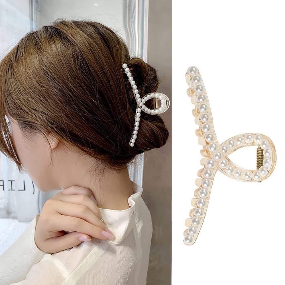 Bakefy 2-Pack White Pearl Hair Claw Clips - Non-Slip Hair Jaw Clips for Women & Girls - Small Medium Large Hair Barrettes - Decorative Hair Accessories for Thick or Thin Hair - Perfect for Work, School, Parties & Everyday Styling