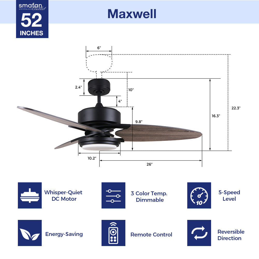 Maxwell 52 Inch Ceiling Fan with Light Kit and Remote Control - Quiet Reversible DC Motor for Bedroom, Living Room, and Outdoor Patio