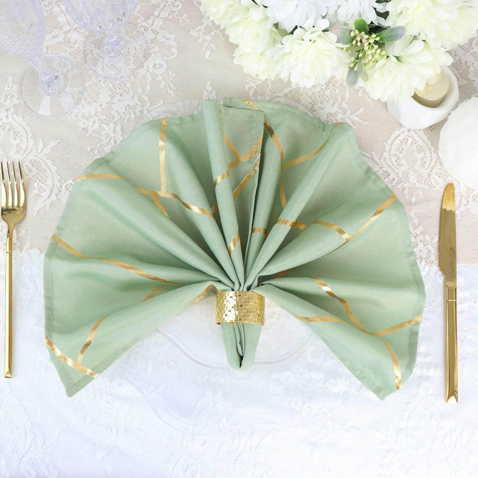 Efavormart 5 Pack 20x20 Inch Modern Sage Green Polyester Linen Dinner Napkins with Gold Foil Geometric Design - Elegant Table Setting for Weddings, Parties & Formal Dining