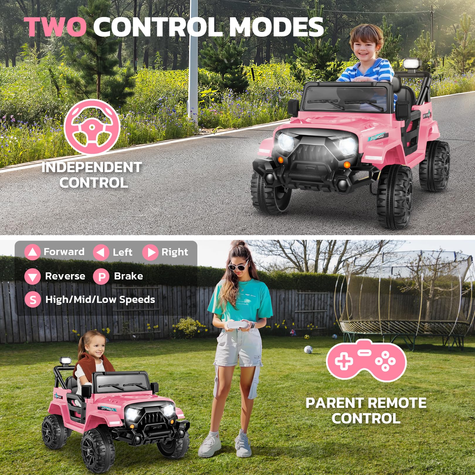 Hikole Pink Kids Ride On Car with Parent Remote Control - 12V Battery Powered Electric Toy Car for Girls with Music Player, LED Lights, Bluetooth, 3 Speed Settings & Spring Suspension - Perfect for Birthday Gifts, Outdoor Play & Indoor Fun