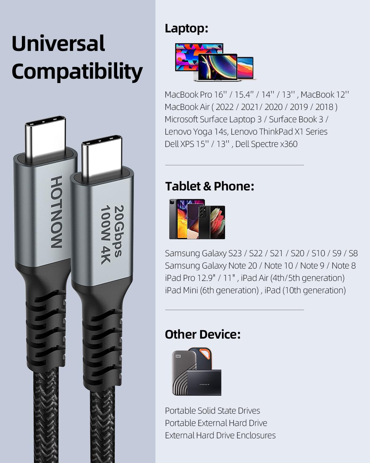 Premium USB C to USB C Cable 0.5M (1.6ft) - 20Gbps USB 3.2 Gen 2x2 Fast Charging & 4K Video Transfer - 100W PD Compatible with MacBook, iPad Pro, Samsung Galaxy - Perfect for Home Office & Travel Accessories