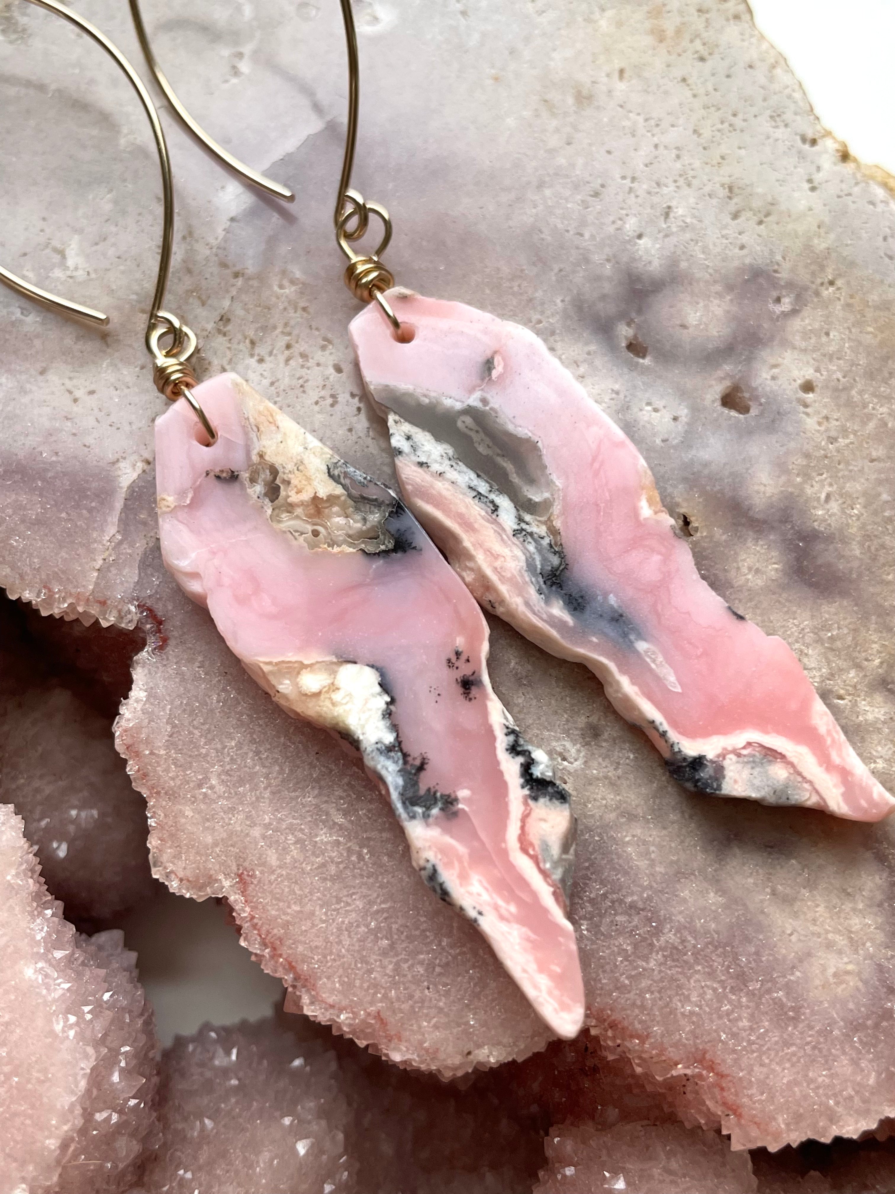 Pink Opal Gold Filled Statement Crystal Gemstone Earrings for Women | Elegant Dangle Drop Earrings for Party, Wedding & Special Occasions