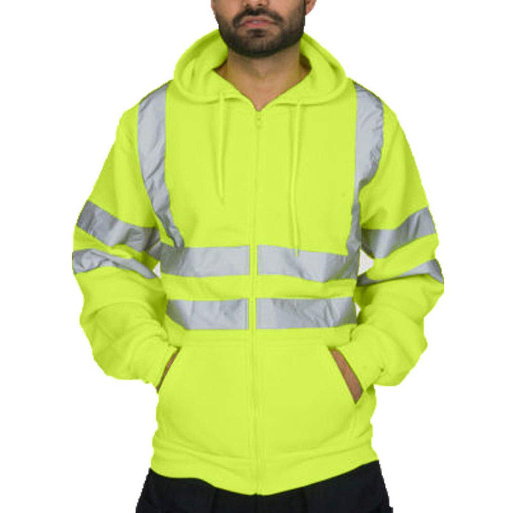 High Visibility Safety Jacket for Men - Reflective Full-Zip Hooded Sweatshirt with Pullover Design | Construction Work, Night Running & Outdoor Activities
