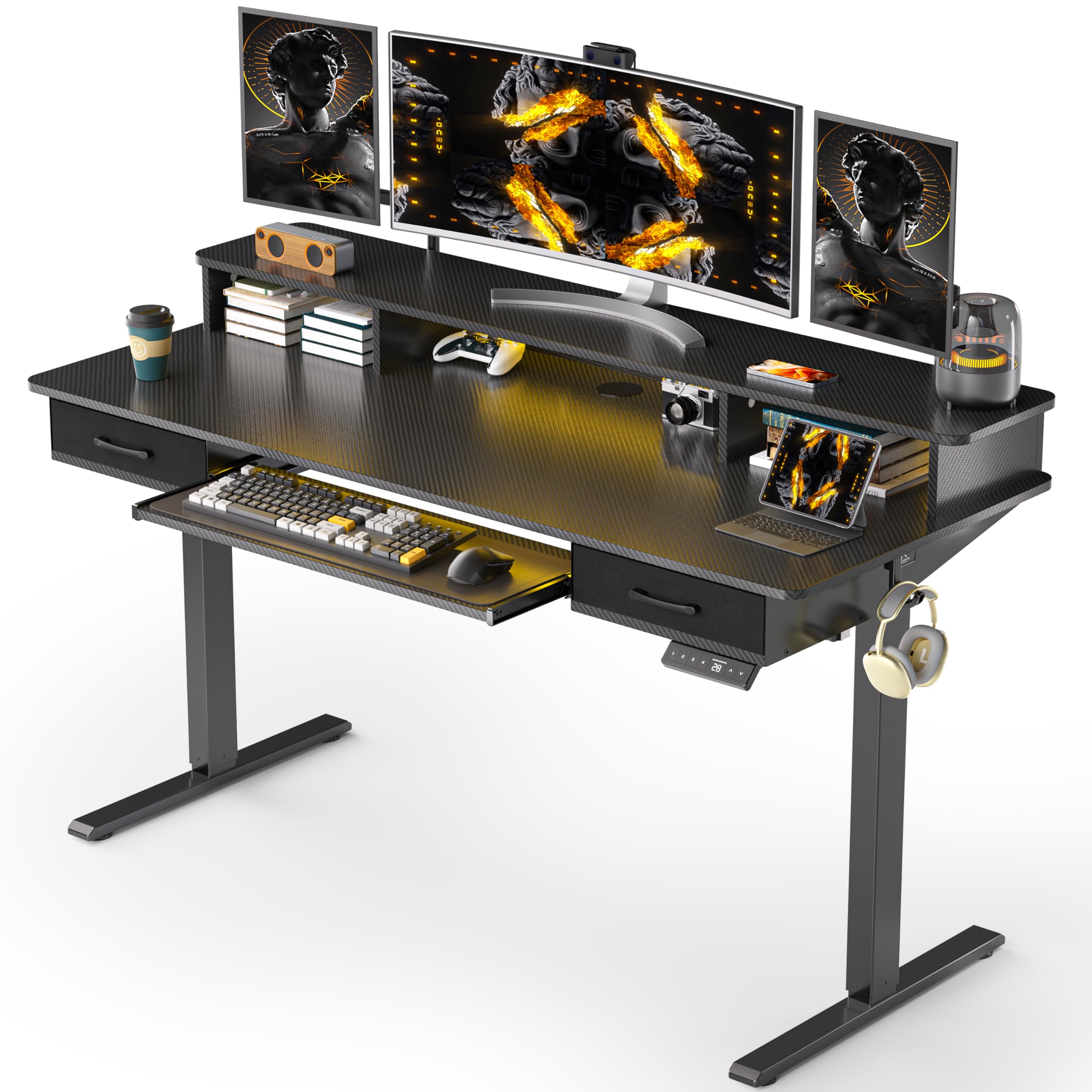 55x24 Inches Electric Height Adjustable Standing Desk with Keyboard Tray & 2 Storage Drawers - Ergonomic Sit to Stand Computer Workstation with Monitor Stand for Home Office, Gaming & Study (Black)
