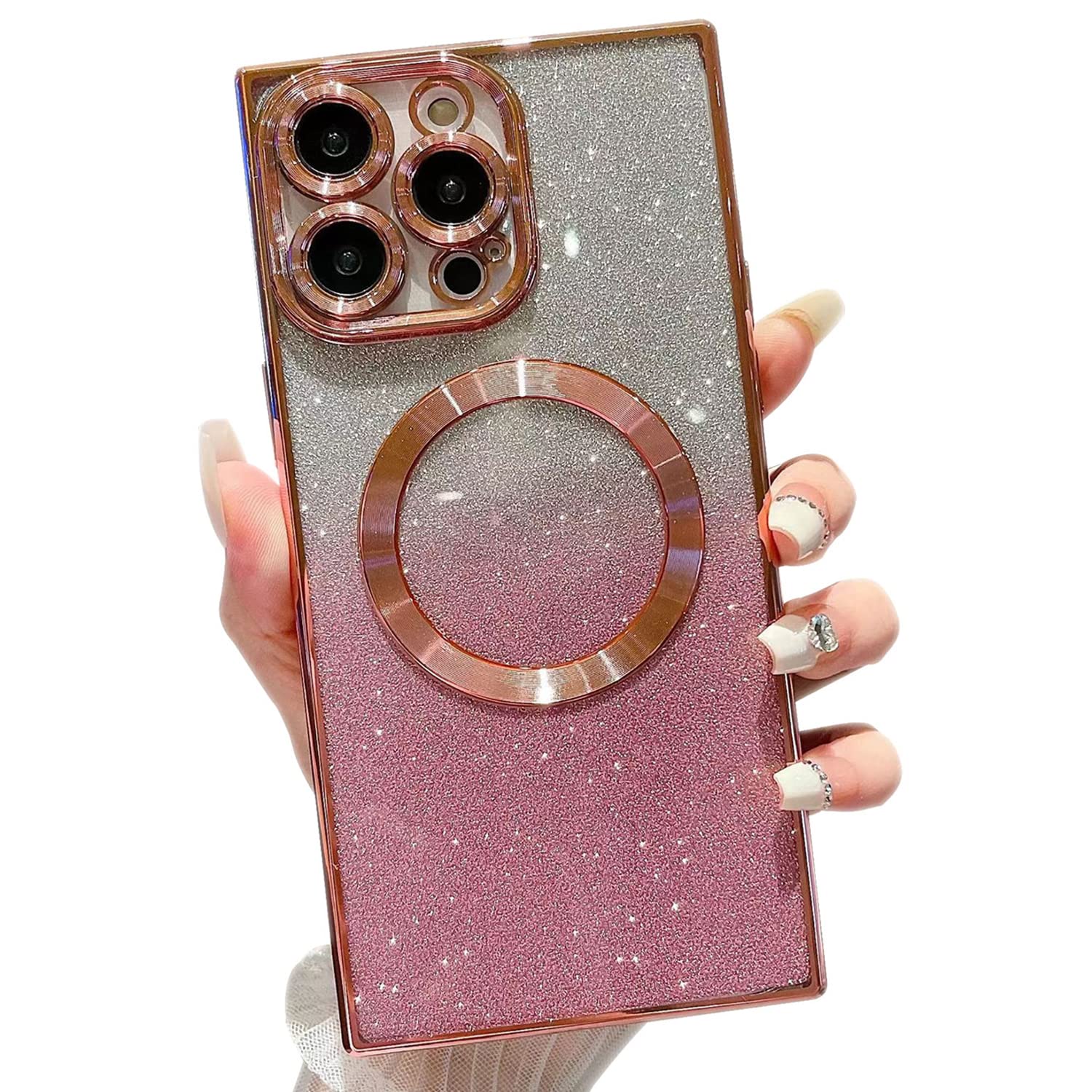 Magnetic Glitter Case for iPhone 12 Pro Max - MagSafe Compatible, Full Protection with Camera Lens Protector, Anti-Scratch & Dust-Proof Design in Pink | Perfect for Everyday Use, Travel & Work Protection