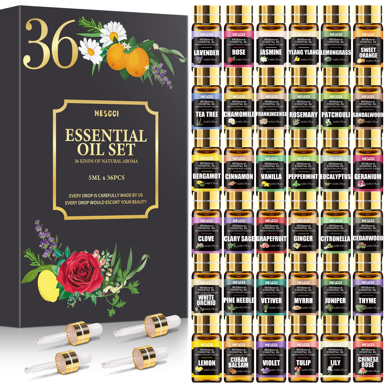 100% Pure Natural Essential Oil Set - 36 x 5ml Therapeutic Grade Aromatherapy Oils for Diffusers, Massage, Candle & Soap Making - Perfect for Relaxation, Spa, Yoga & Home Fragrance