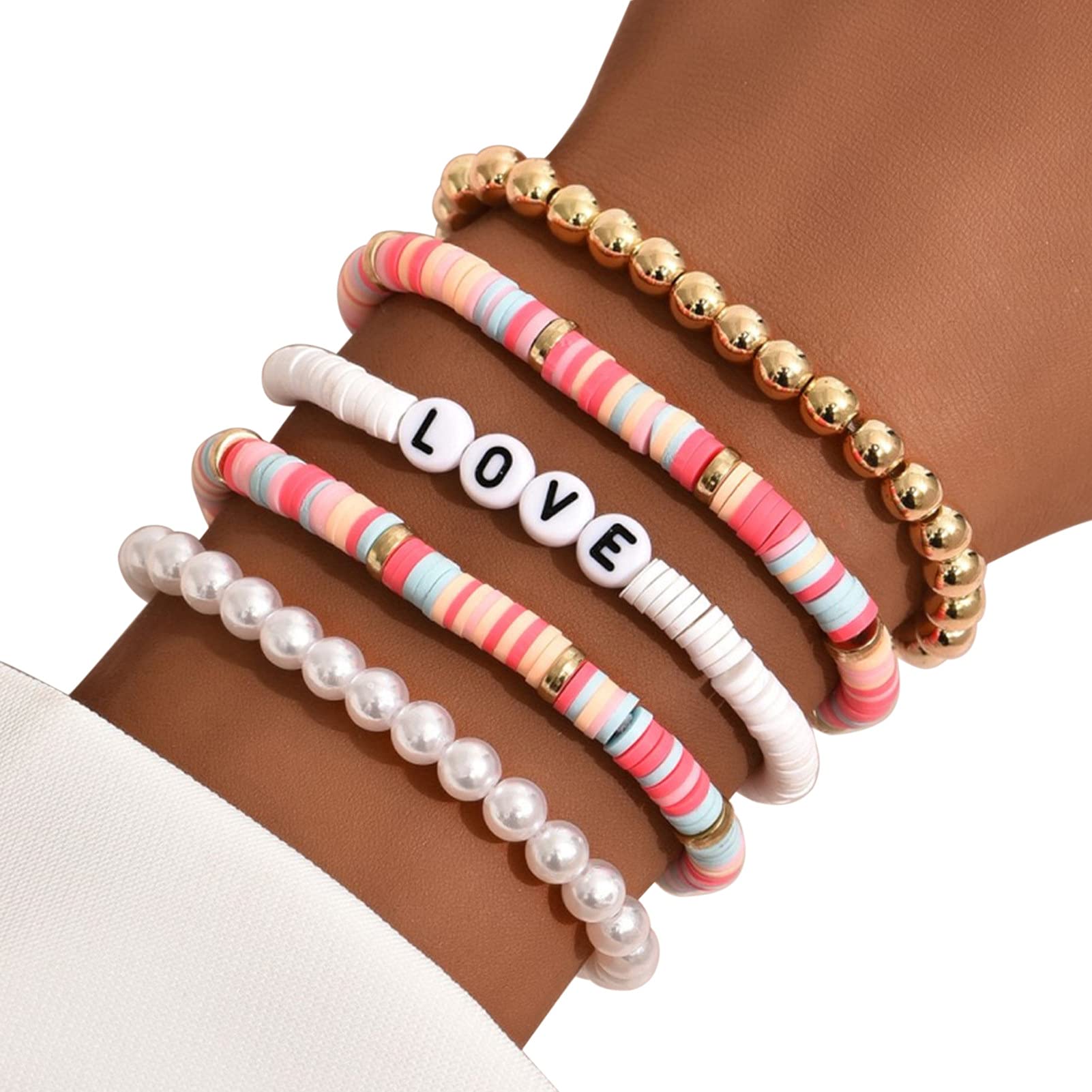 5Pcs Colorful Bohemian Polymer Clay Bracelets with Faux Pearls - Unisex Love Letter Beaded Bracelet Set for Women & Men - Perfect for Parties, Gifts, and Everyday Boho Fashion Accessories
