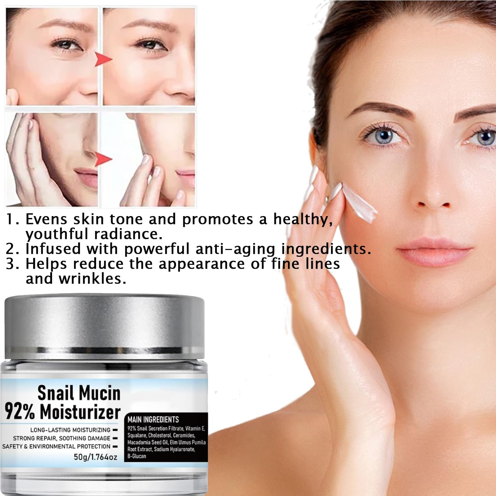Lism 92% Snail Mucin Moisturizing Face Gel Cream - Original Snail Mucin Repair Cream with Vitamin C for Dry & Sensitive Skin - Hydrating Daily Facial Care (3PCS) - Perfect for Night Routine & Post-Sun Care