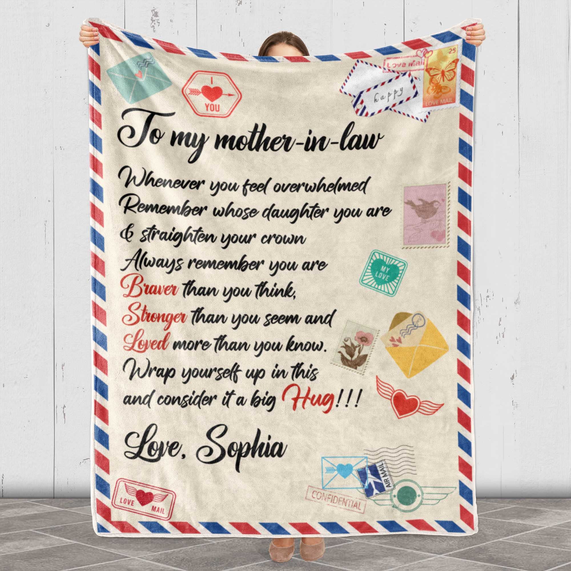 Personalized Mother-in-Law Air Mail Letter Blanket - Custom Name Throw Blanket Gift for Mom from Daughter/Son-in-Law - Made in USA - Perfect for Mother's Day, Birthday & Cozy Family Moments