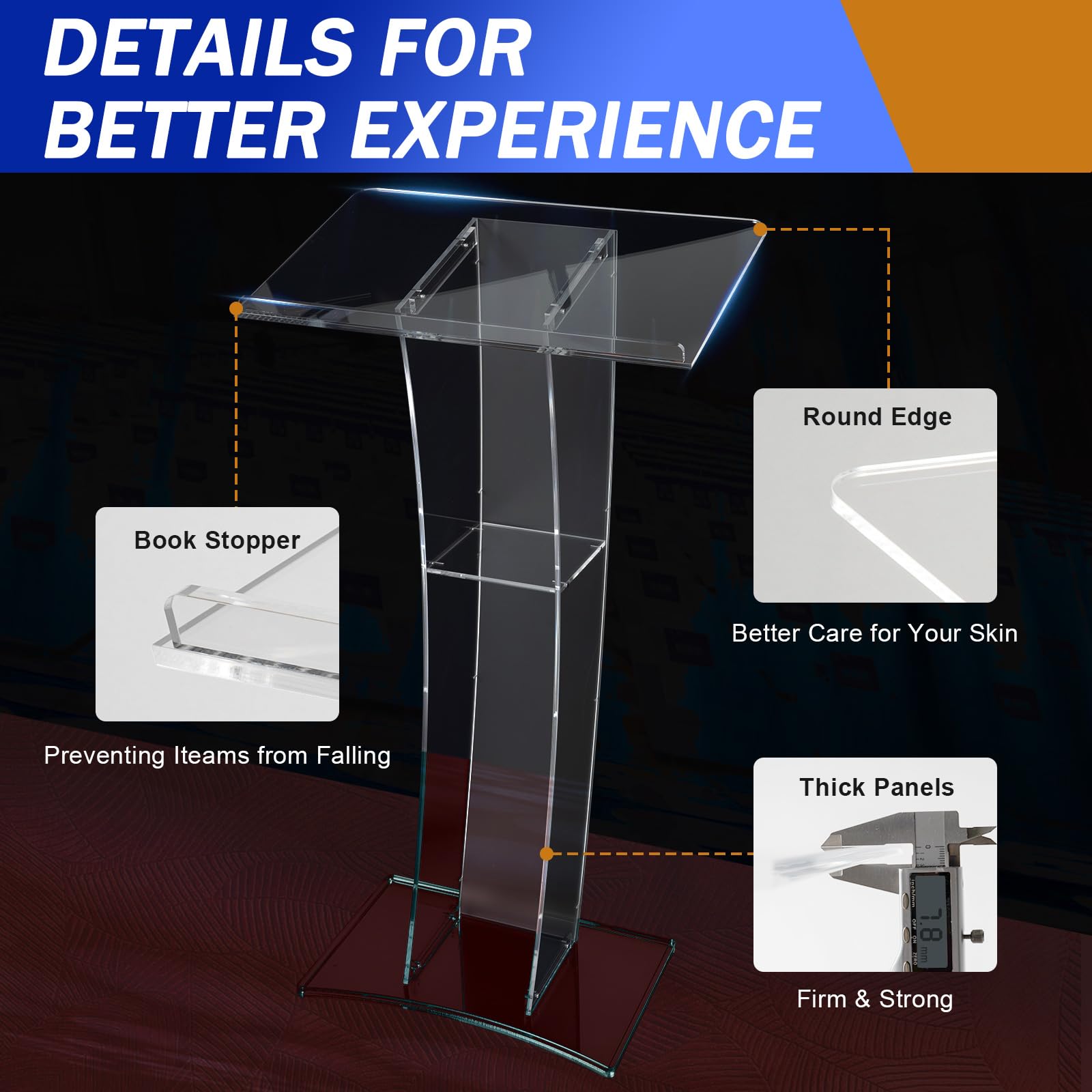 Acrylic Slanted Speaker Podium Lectern - Curved Plexiglass Transparent Pulpit for Church, Lectures, Recitals & Presentations | Perfect for Classrooms, Conferences & Worship Services