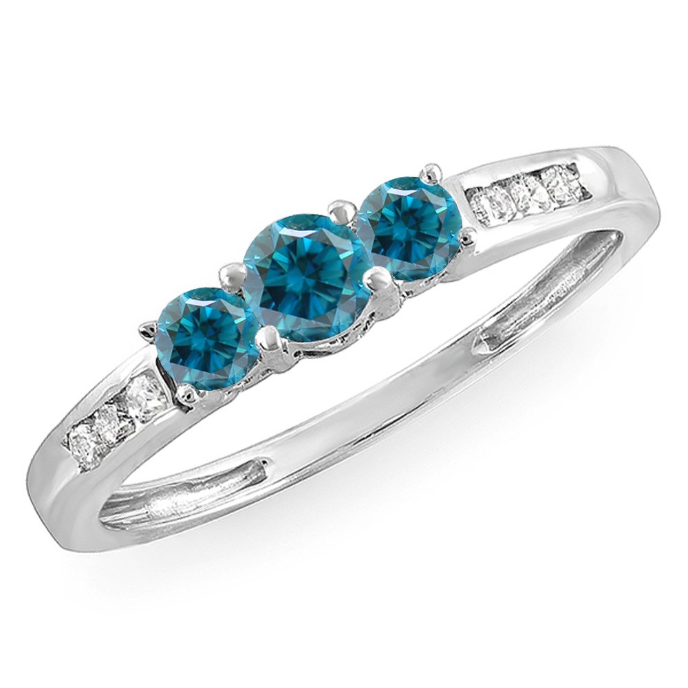 **0.35 CTTW 10K White Gold Women's 3-Stone Engagement Ring with Blue & White Diamonds – Dazzlingrock Collection – Perfect for Bridal, Wedding & Anniversary Gifts**