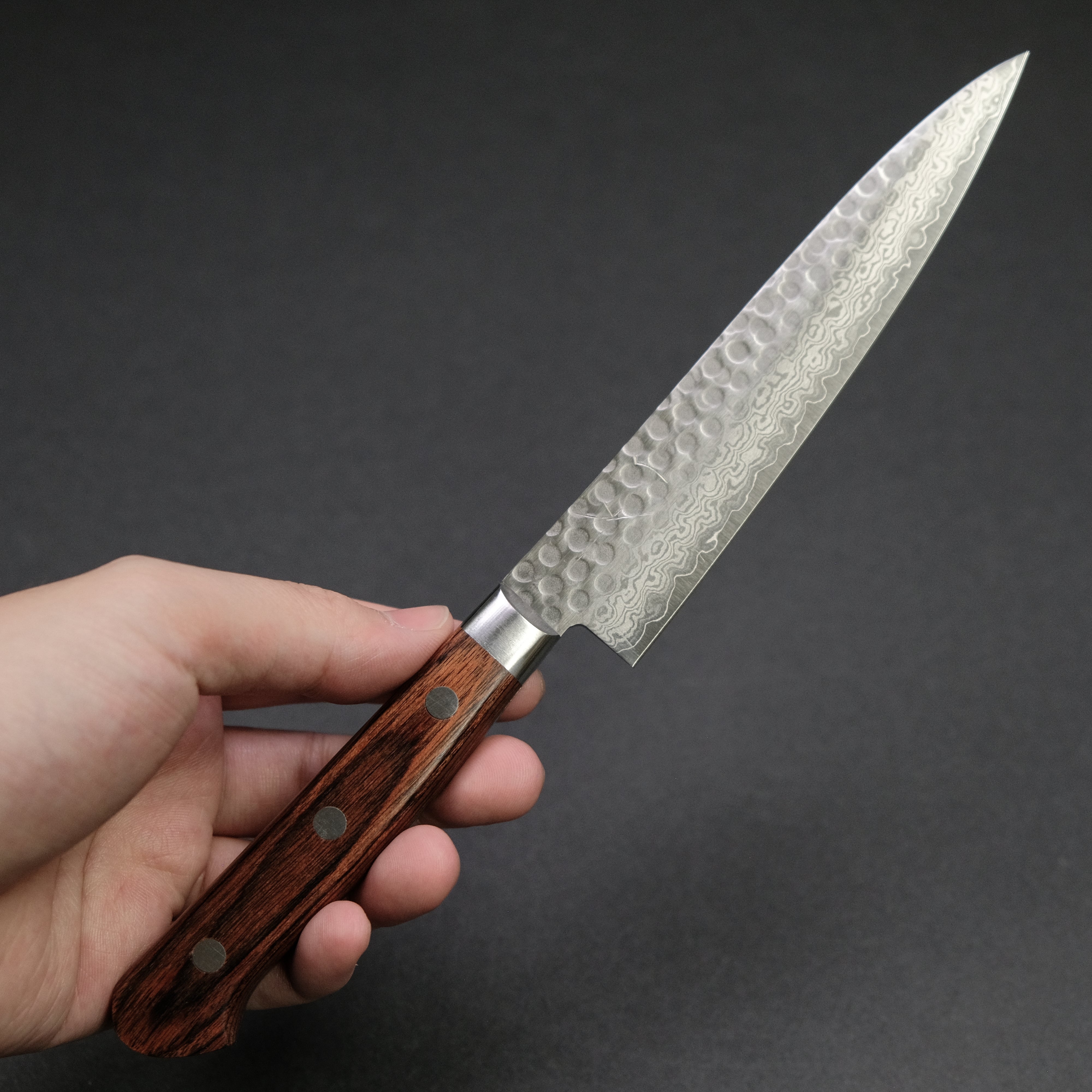 Hitohira HG Tsuchime Damascus 140mm Petty Knife with Imitation Mahogany Handle - Japanese Kitchen Knife for Precision Slicing, Fruit Cutting & Small Kitchen Tasks