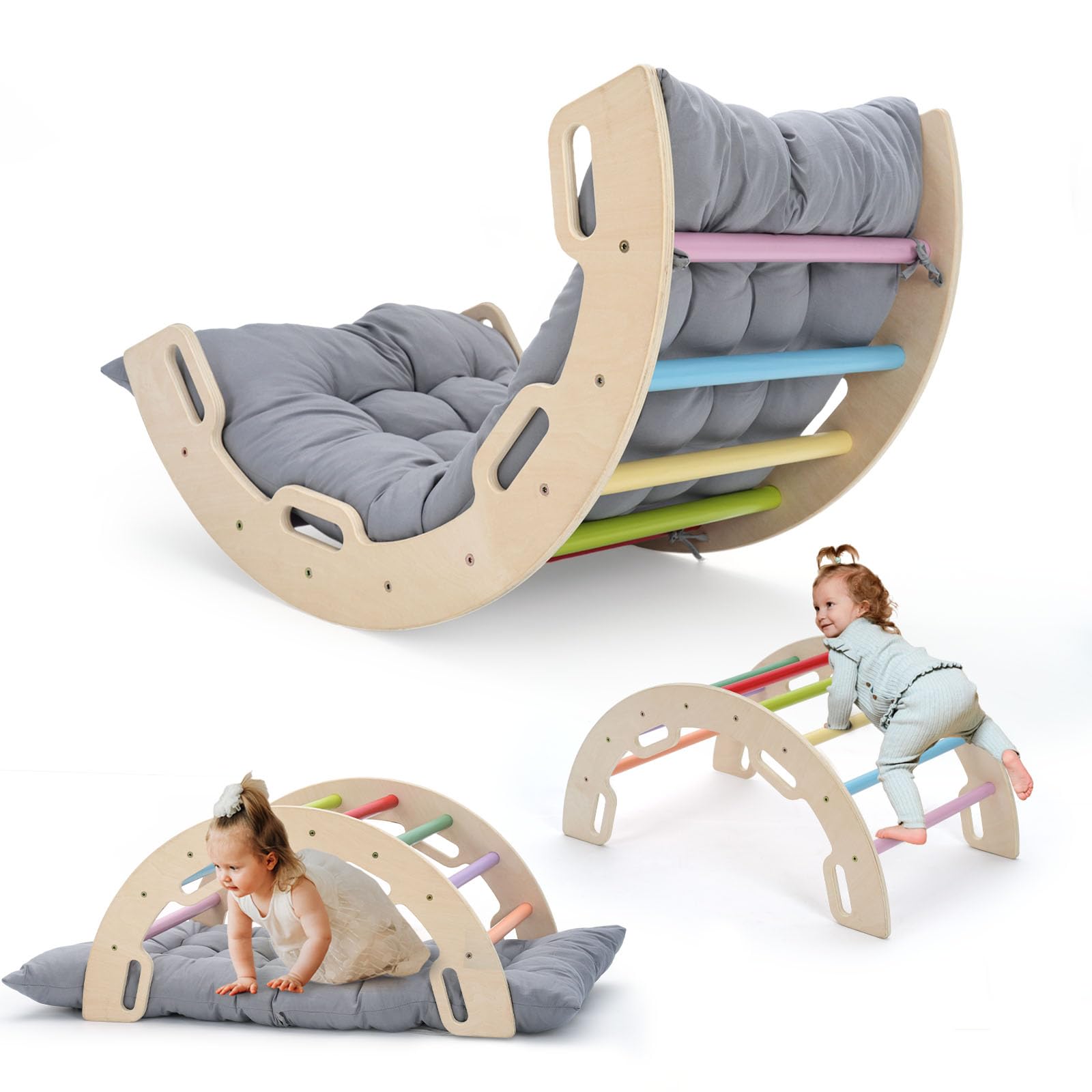 COSYLAND Solid Wood Kids Climber Arch Rocker with Cushion - Indoor Pikler Climbing Toy for Toddlers with 4 Handrails on Each Side, Non-Toxic & Scentless Montessori Play Equipment (Rainbow) - Perfect for Home Playrooms, Daycare Centers & Preschool Learning Activities