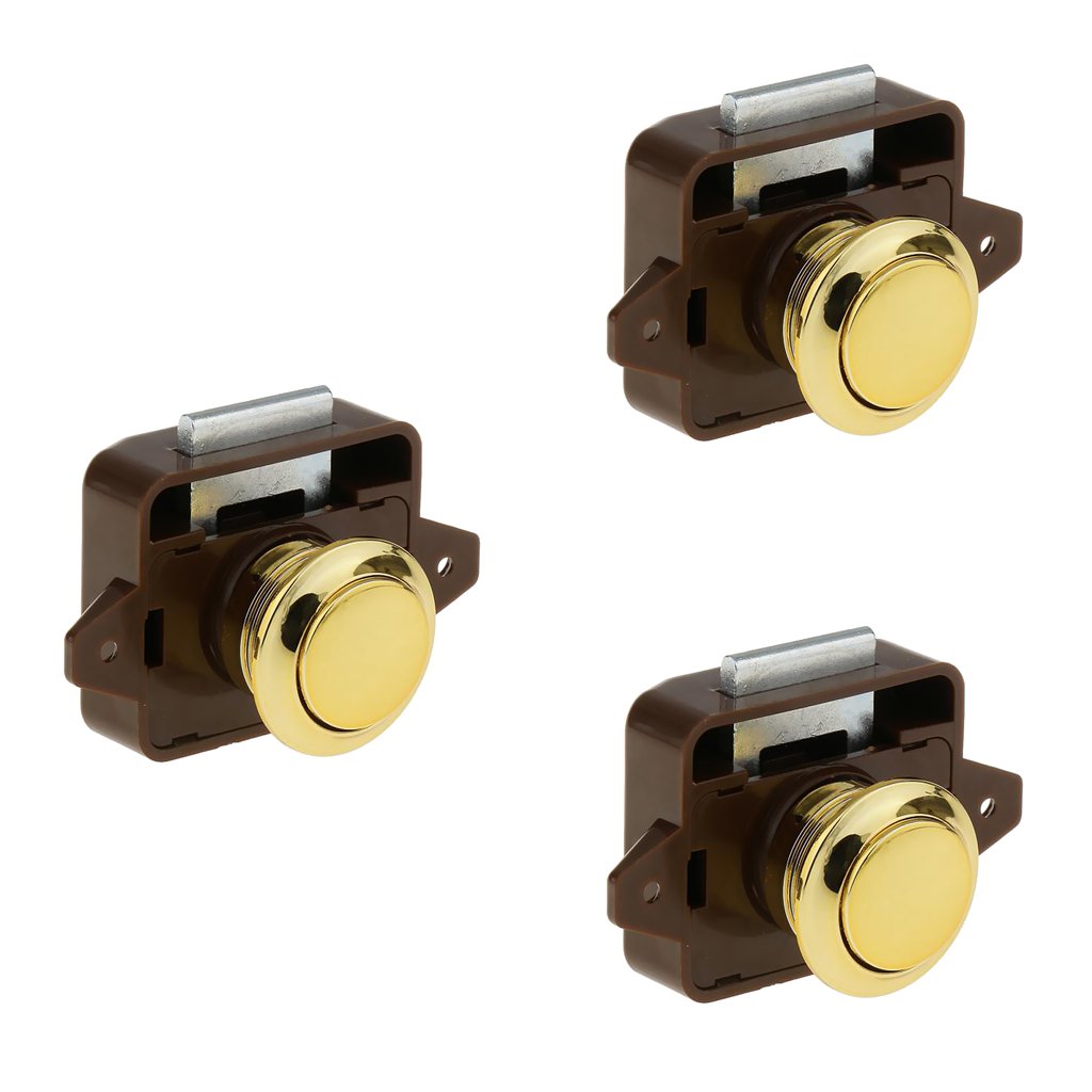 3-Pack Keyless Push Button Cabinet Locks - Glossy Gold Latches for Cupboards, Drawers & Furniture - Child Safety & Home Organization Solution