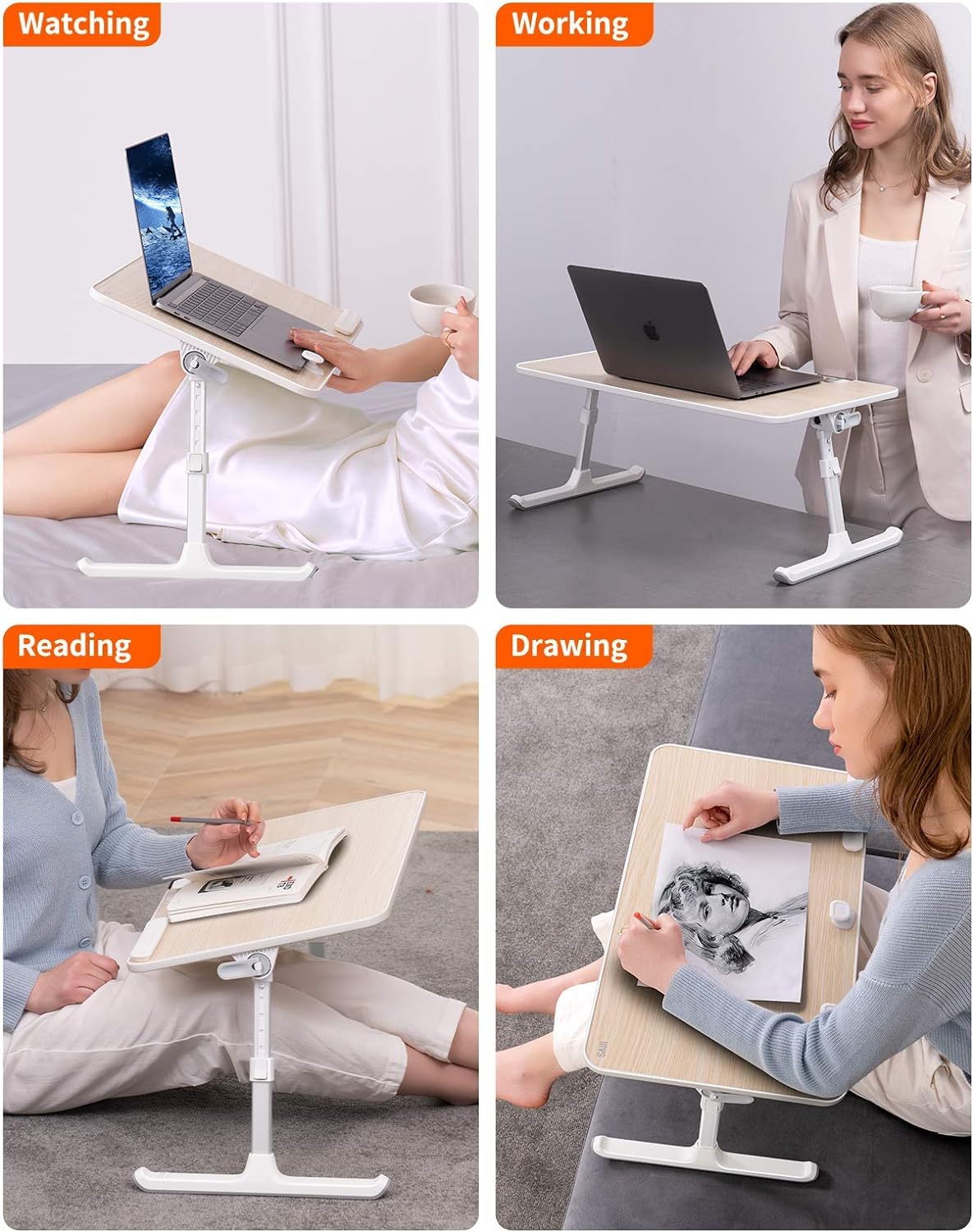 SAIJI Adjustable Laptop Desk for Bed - Foldable Lap Table for Eating, Writing & Working on Sofa, Couch or Bed (23.6 x 13 Inches, Teak Wood) - Perfect Home Office & Entertainment Solution