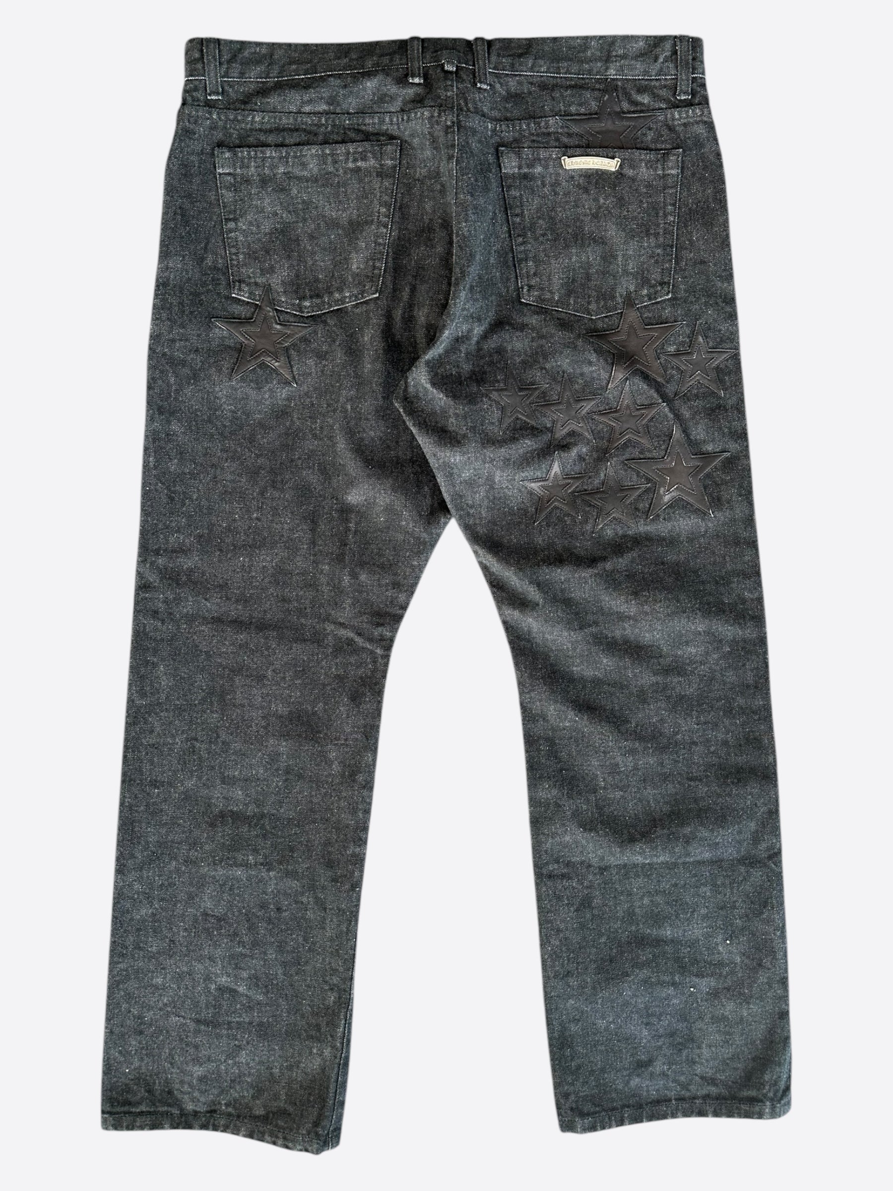 Chrome Hearts Grey & Black Star Patch Distressed Denim Jeans for Men - Edgy Streetwear & Casual Style | Perfect for Concerts, Parties & Urban Fashion