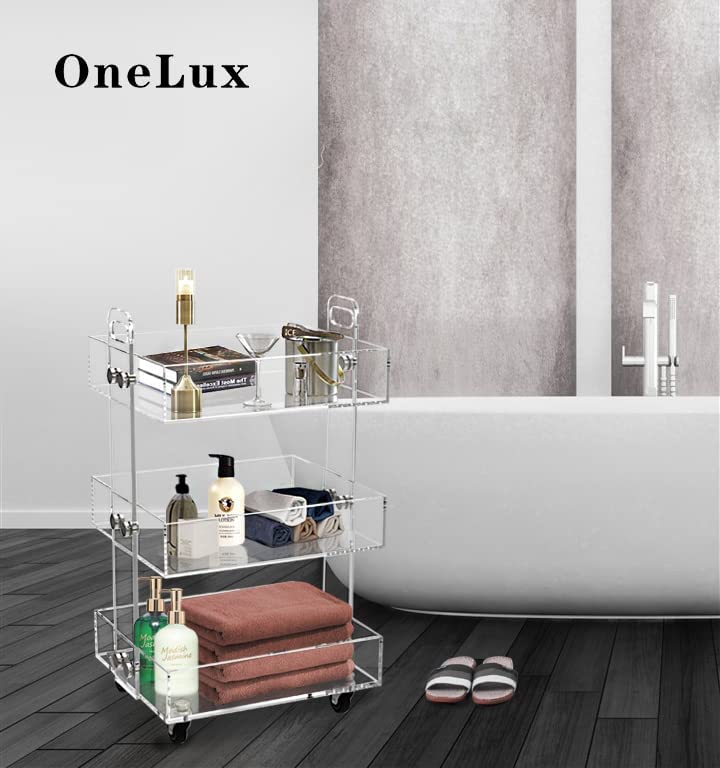 ONELUX 3-Tier Acrylic Rolling Cart with Wheels - Multifunctional Storage Organizer for Kitchen, Bathroom, Office & Dorm Room - Clear Plastic Utility Cart for Home Organization