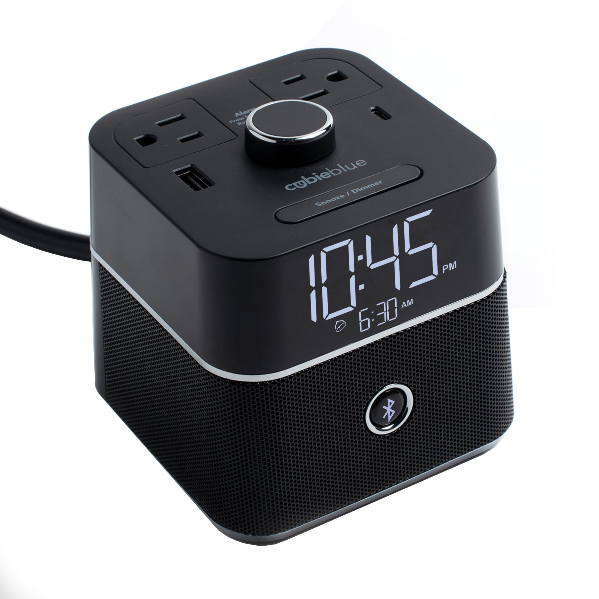 Brandstand CubieBlue - Smart Alarm Clock with Dual USB Charging Ports & Tamper-Resistant Outlets, Built-in Bluetooth Speaker for Bedroom, Office, Travel | Wake Up to Music & Charge Devices Simultaneously