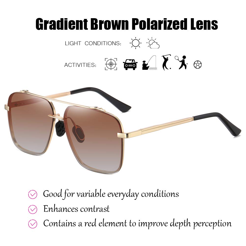 Polarized Aviator Sunglasses for Men - Oversized Square Metal Frame - Gradient UV400 Protection Lenses - Driving, Fishing & Outdoor Activities