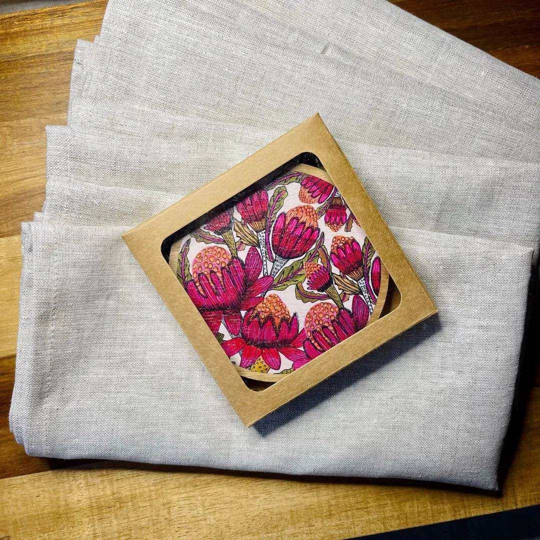 Waratah Flowers Coaster and Napkin Set - 6-Piece Floral Tableware for Dining, Kitchen, and Party Decor - Perfect for Home, Wedding, and Special Occasions