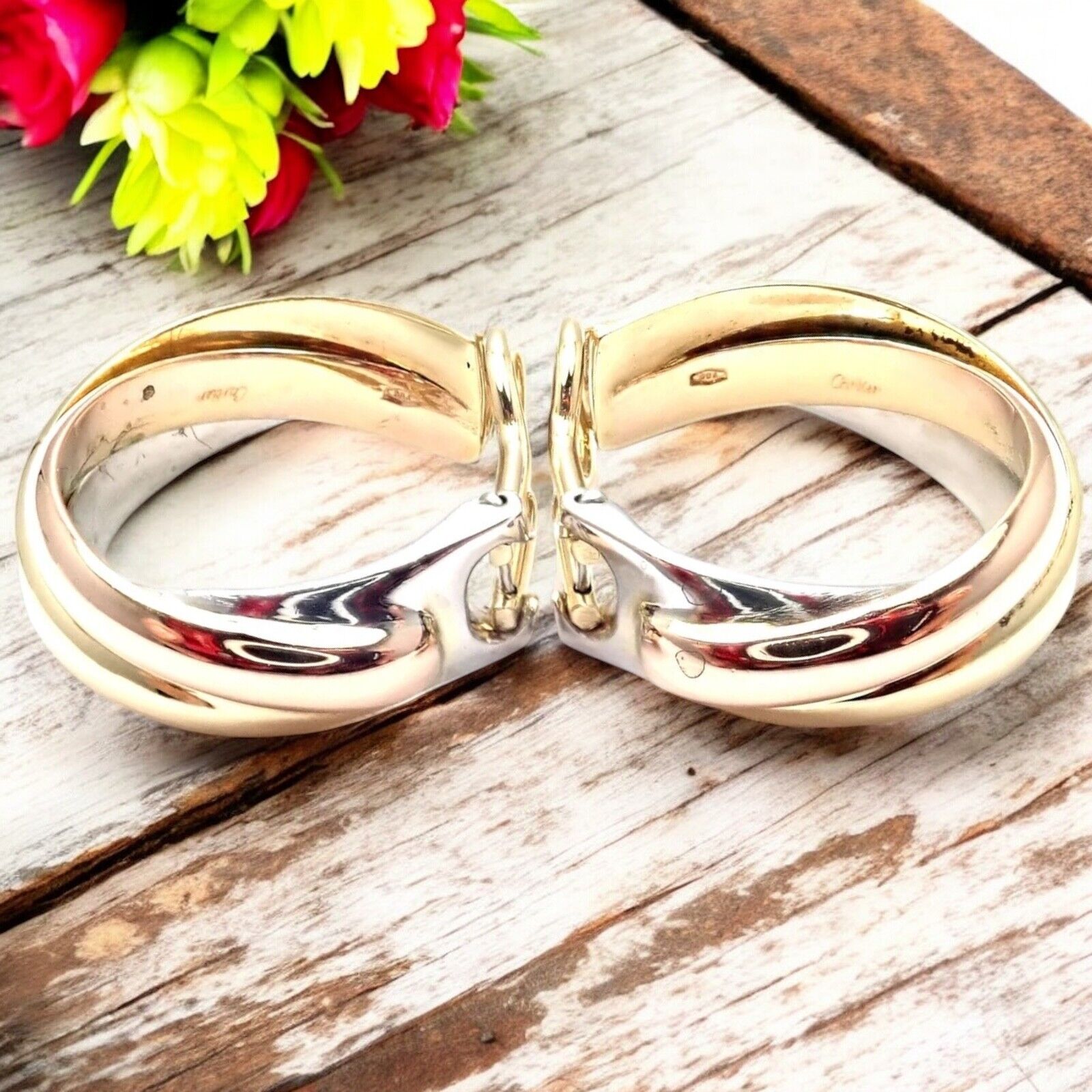 Authentic Cartier 18k Tri-Color Gold Medium Trinity Hoop Earrings for Women - Luxury Jewelry Gift for Anniversary, Wedding & Special Occasions
