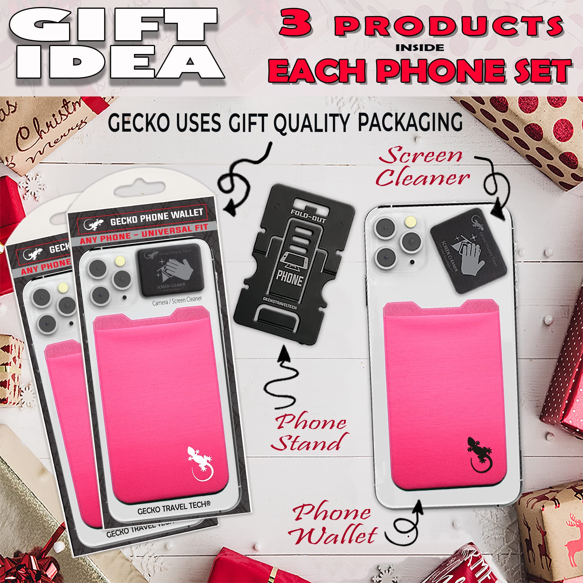 Stick-On Phone Wallet with Adhesive Card Holder - Slim Lycra Pocket for Credit Cards & Cash - Secure Cell Phone Pouch by Gecko - Perfect for Travel, Gym & Everyday Use