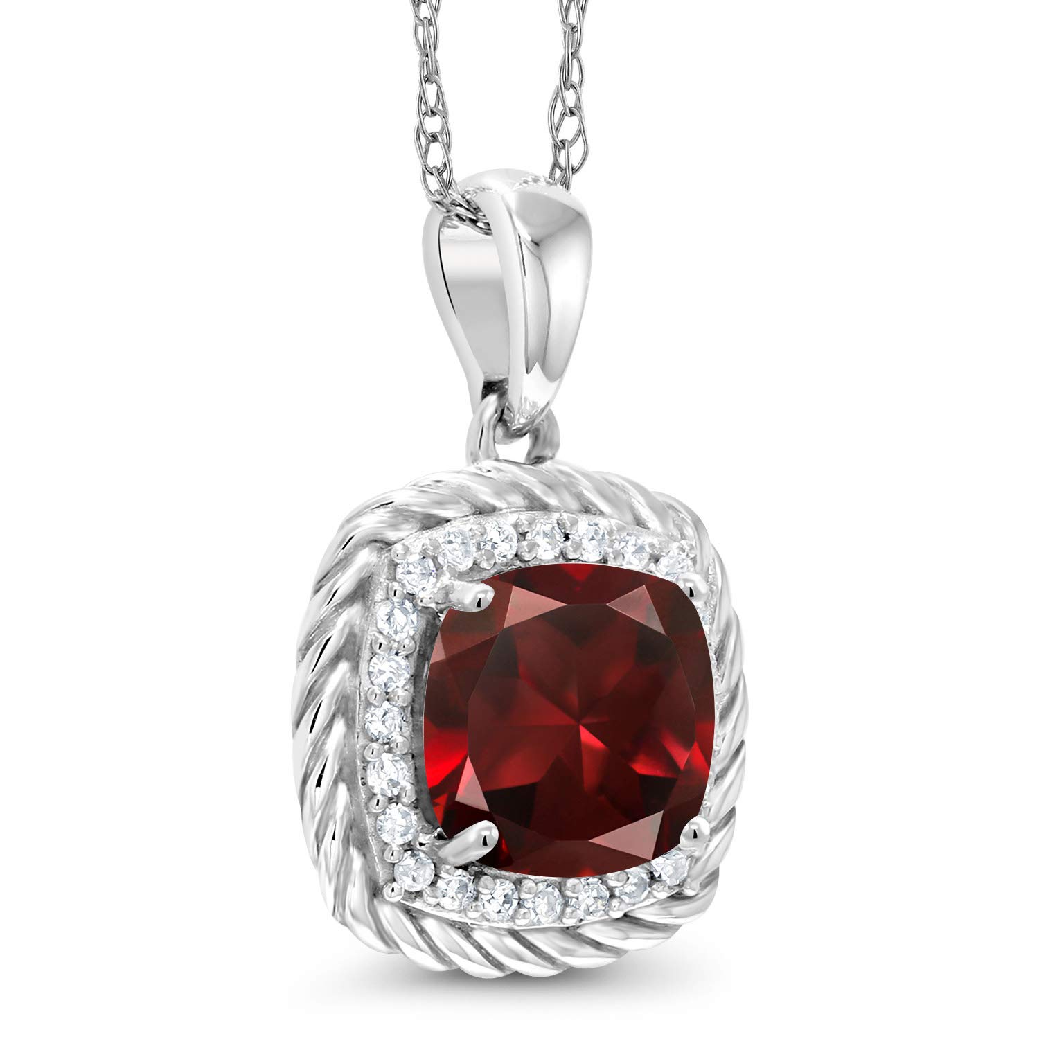 10K White Gold 7MM Cushion Cut Birthstone Pendant Necklace with Diamond Halo | Elegant Women's Jewelry Gift | Perfect for Anniversaries, Birthdays & Special Occasions | 18 Inch Chain