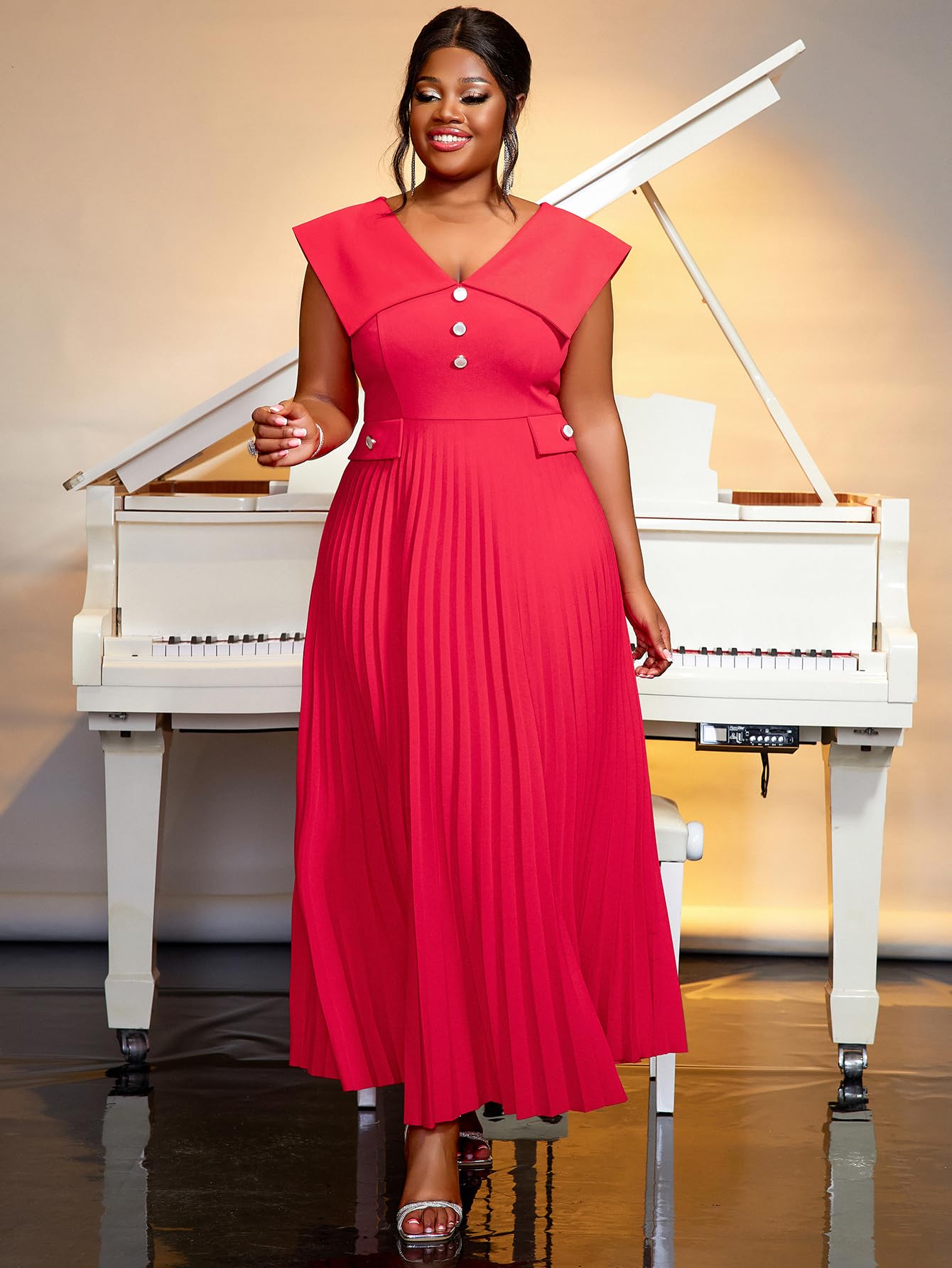 Elegant Pleated Maxi Dress for Women - Summer Sleeveless Peter Pan Collar Button Down Office Dress Plus Size Work Attire | Perfect for Business Casual, Office Wear & Special Occasions