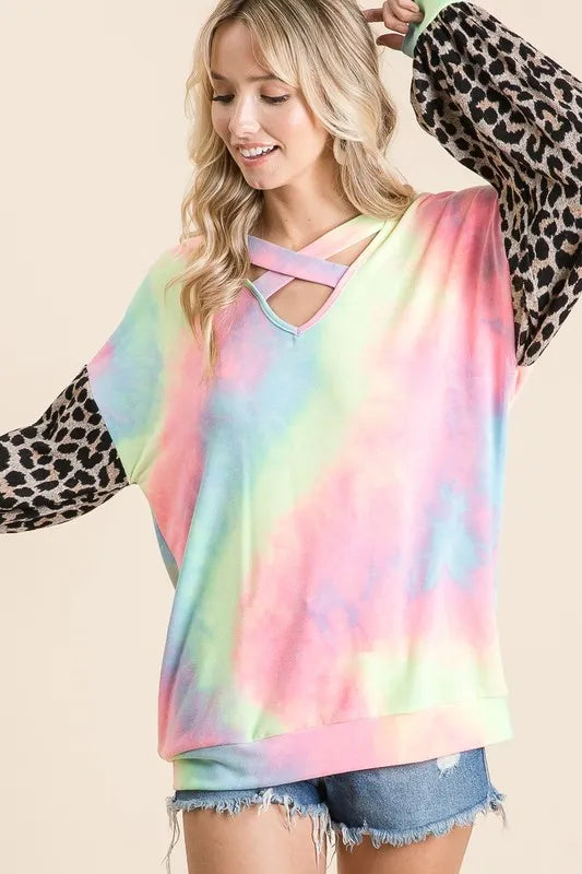BiBi Tie Dye Terry Crop Top with Leopard Print Puff Sleeves | Trendy Women's Fashion for Summer, Music Festivals & Beach Outfits