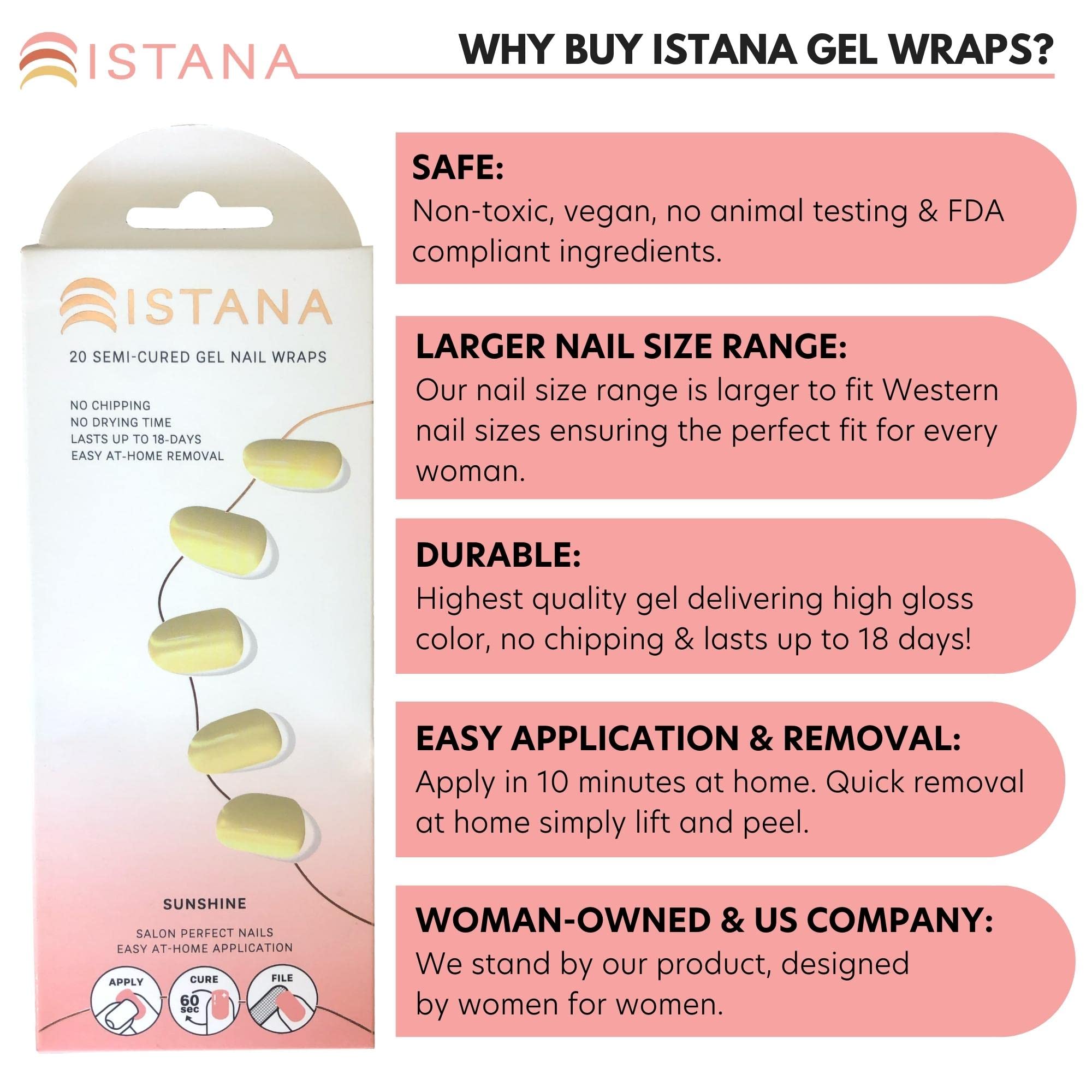Istana Semi Cured Gel Nail Polish Strips - 20 Stylish Designs in 10 Sizes | Long-Lasting Self-Adhesive Nail Wraps (Up to 18 Days) | Perfect for Home Manicures, Parties & Special Occasions | Sunshine Collection