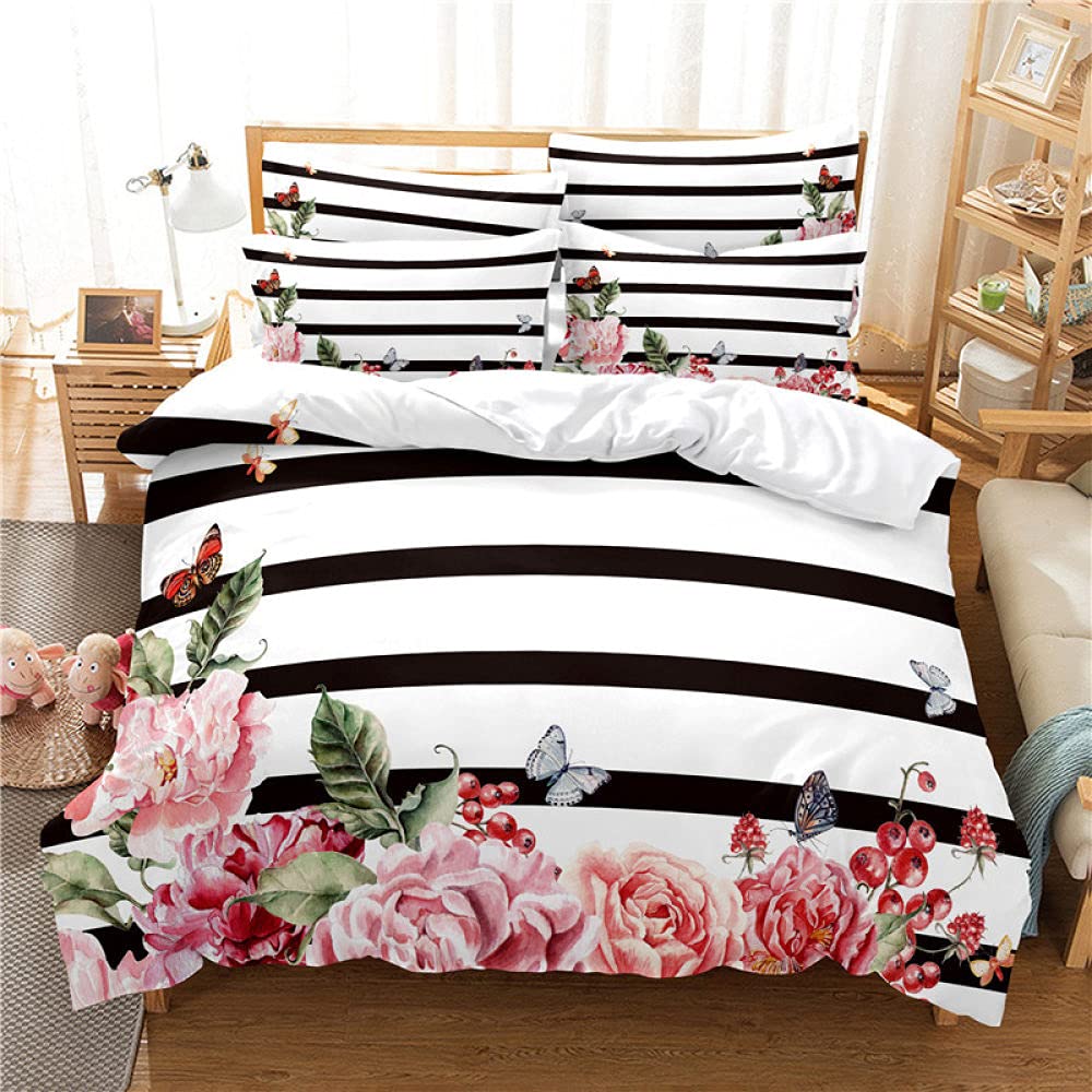GROPC 3D Floral Butterfly Print Duvet Cover Set - Queen/King/Twin/Full Size for Kids & Adults, Black & White Stripe Comforter - Perfect for Bedroom Decor, Guest Rooms & Cozy Home Styling
