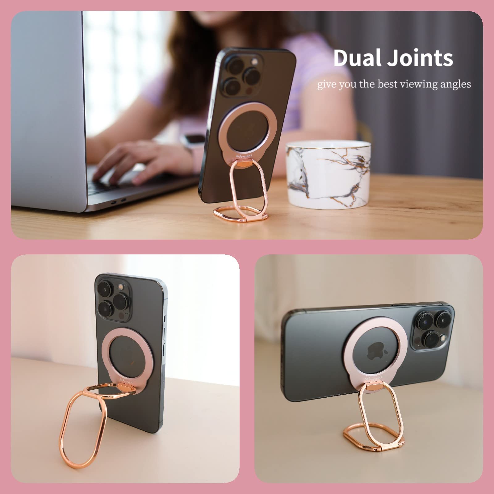 MINDSKY Magnetic Phone Stand & Grip - Compatible with iPhone 12/13/14/15 Mini/Pro/Pro Max, Removable Mag-Safe Ring Holder with Strong Magnet (Rose Gold Pink) - Perfect for Hands-Free Viewing, Gaming, and Video Calls