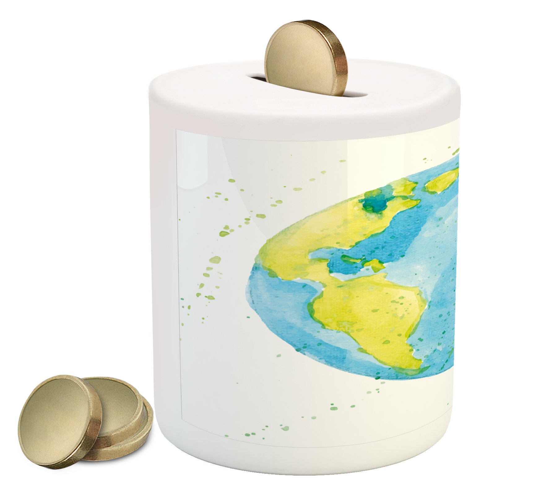 Ambesonne Ceramic Piggy Bank - Hand-Painted Watercolor Earth Design with Color Stains, 3.6