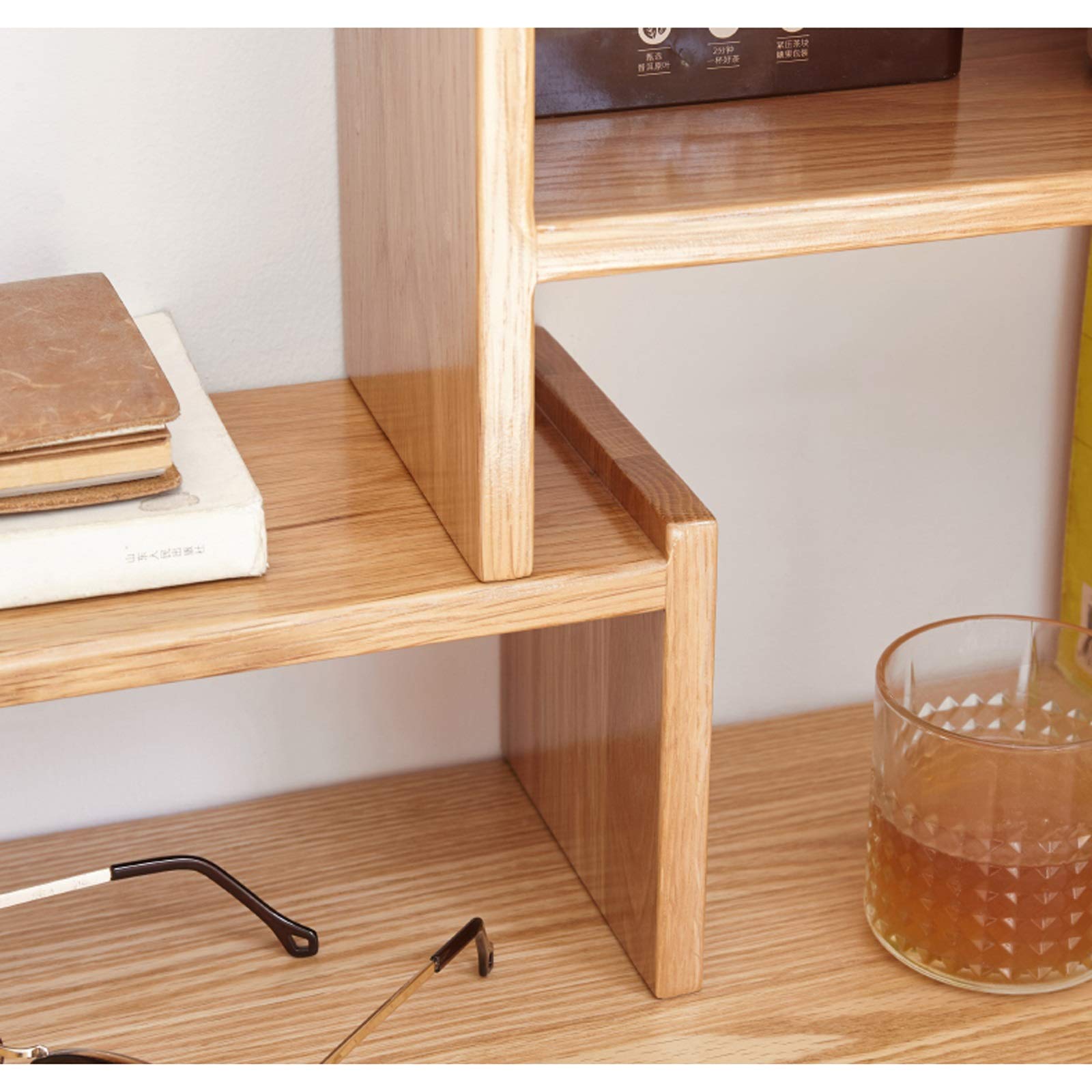 Natural Oak Expandable Bookshelf - Adjustable Desktop Book Organizer for Office & Home, Table Top Bookcase with Storage Rack - Perfect for Small Spaces, Dorm Rooms & Workspaces