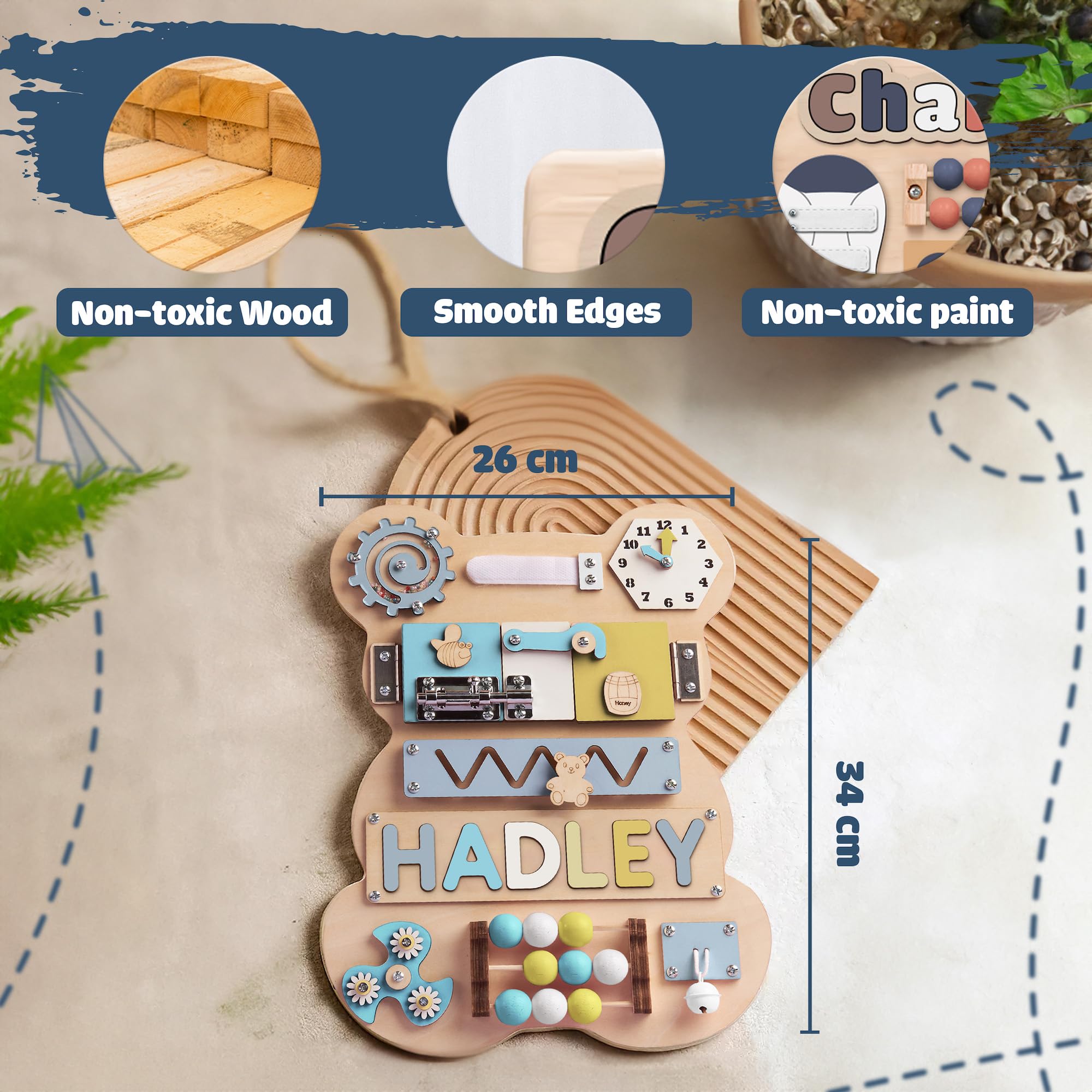 Montessori Busy Board for Toddlers - Personalized Wooden Bear Name Puzzle & Sensory Activity Toy | Learning Toys for 1 Year Old | Unique Birthday & Easter Gift for Baby Boys & Girls (Black Rose) | Perfect for Early Childhood Development, Travel & Home Playtime