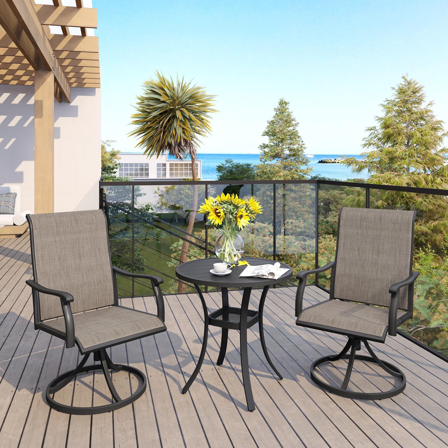 VICLLAX 27.5 Inch Round Outdoor Patio Table - All-Weather Metal Garden Dining Table with Storage Shelf - Compact 2-Person Black Tabletop for Backyard, Balcony & Small Spaces