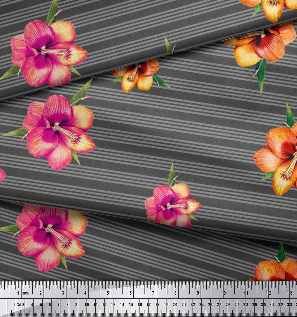 Soimoi Moss Georgette Gray Floral Stripe Fabric - 42 Inch Wide by The Yard - Printed Polyester Fabric for DIY Crafts, Dresses, Curtains & Home Decor