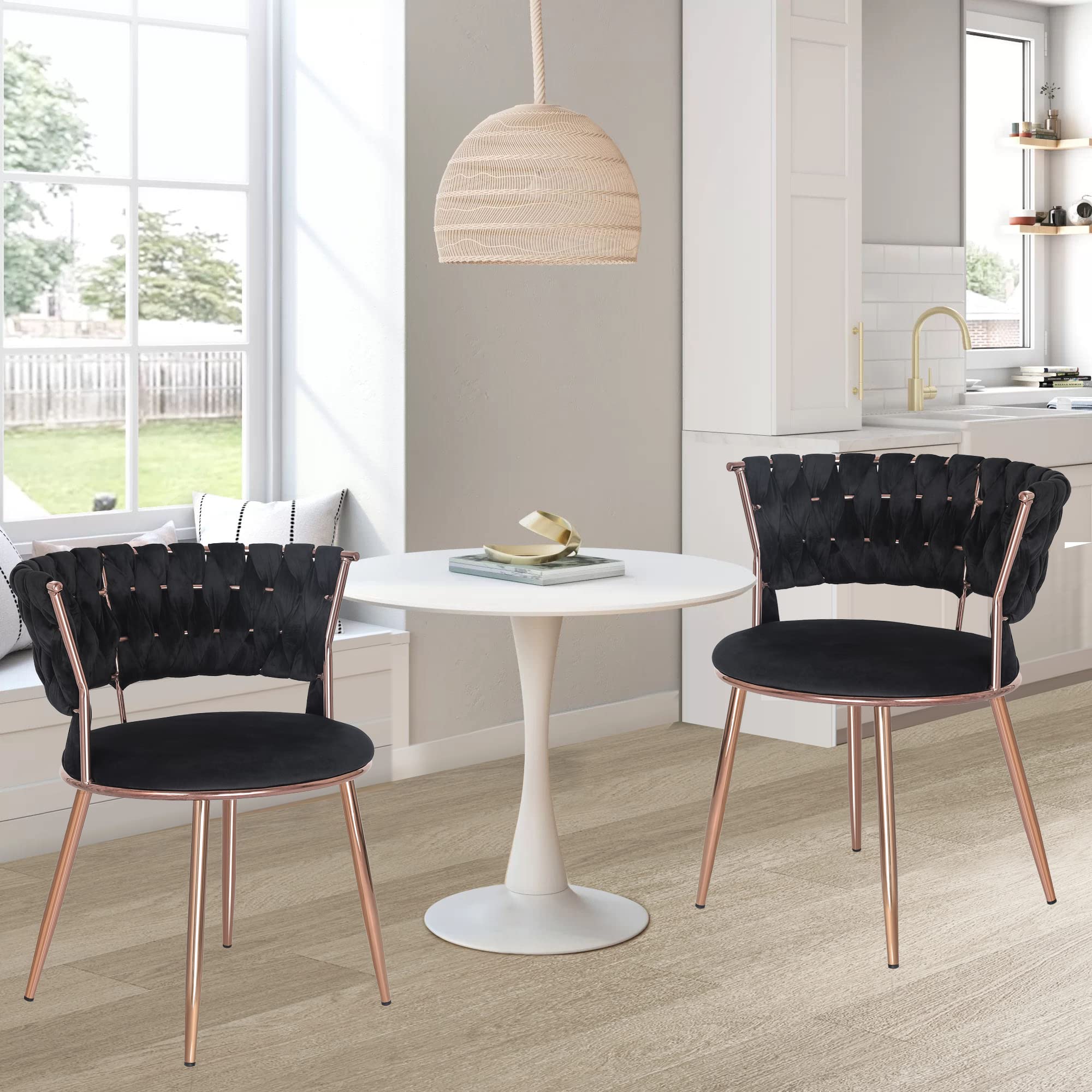 **Homebeez Velvet Upholstered Dining Chairs Set of 2 - Modern Accent Chairs with Rose Gold Metal Legs, Hand-Woven Design for Dining Room, Living Room, Kitchen - Elegant Black Velvet Seating for Home Decor**