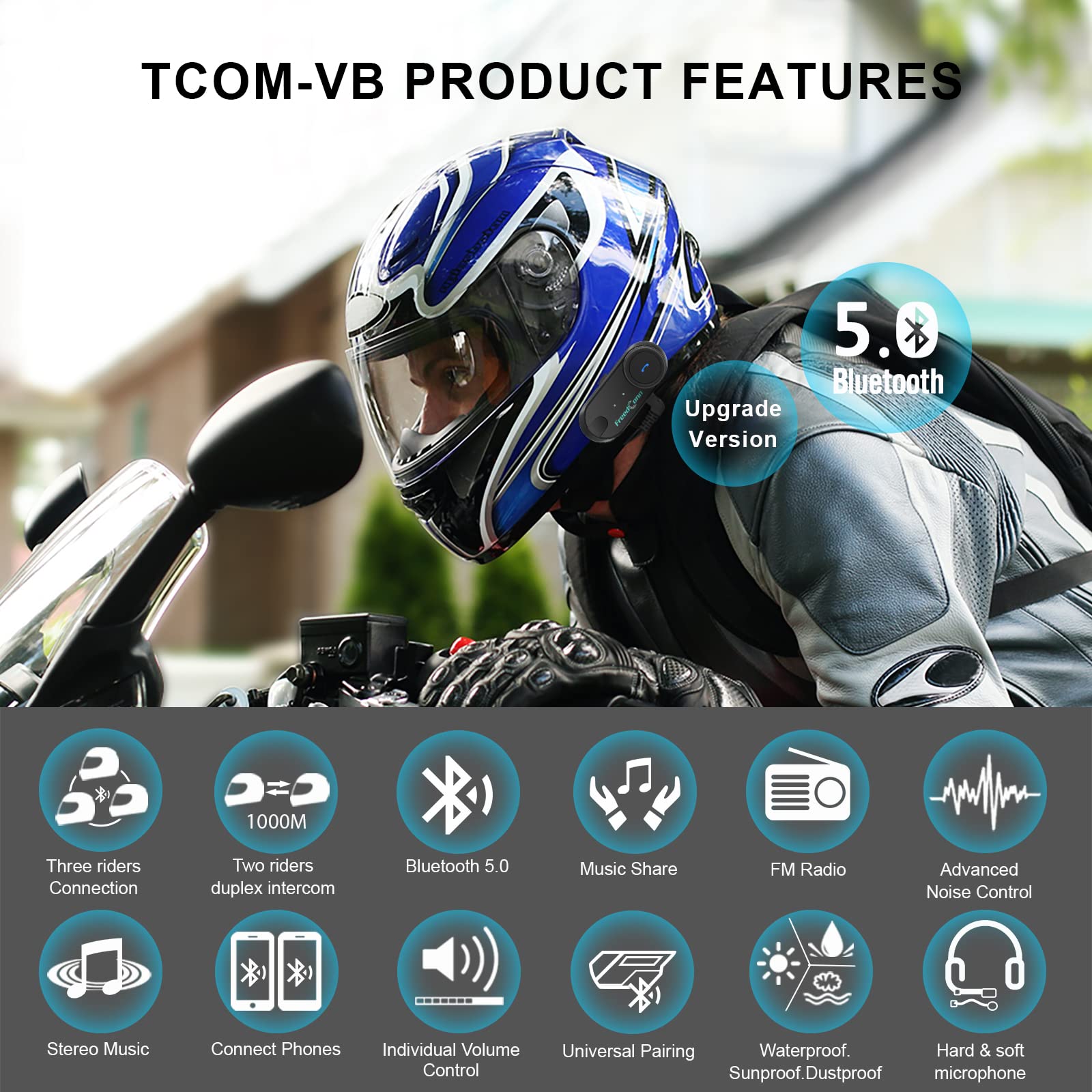 FreedConn TCOM VB Motorcycle Bluetooth Headset - Helmet Communication System with Music Sharing, Universal Pairing & 800M Range for 2-3 Riders (2 Pack) - Perfect for Group Rides, Touring & Adventure Motorcycling